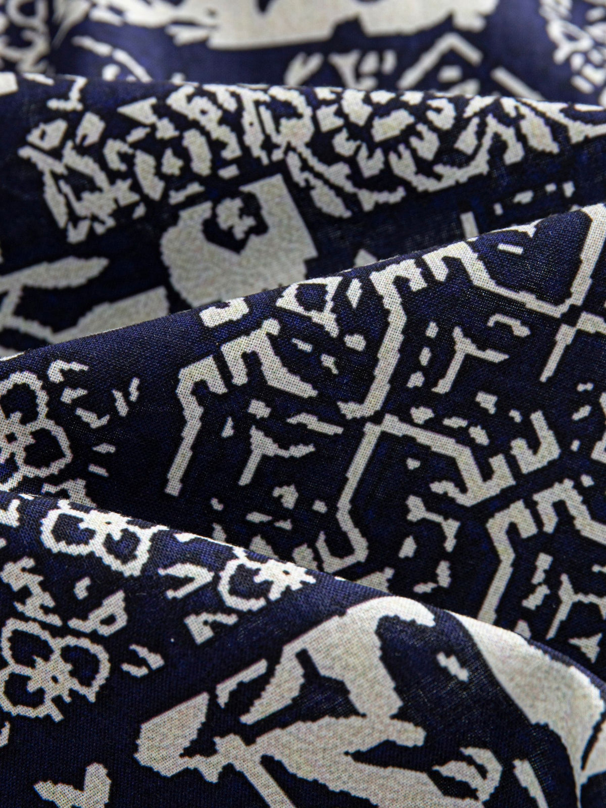 100% cotton Indigo Katazome stencil patchwork print fabric texture detail of OROMEN Shirt