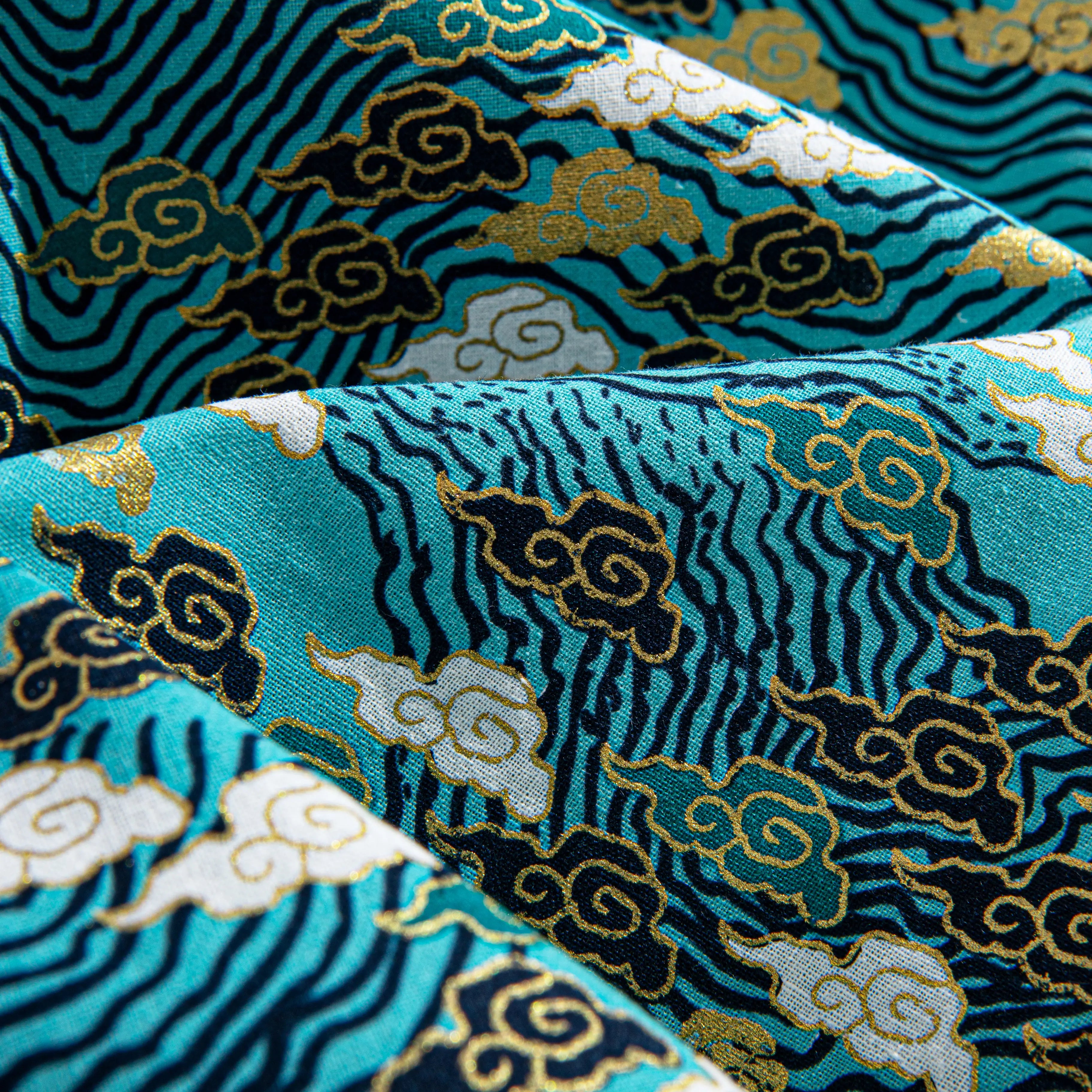100% cotton fabric texture with hand-painted Auspicious Clouds Ukiyo-e print