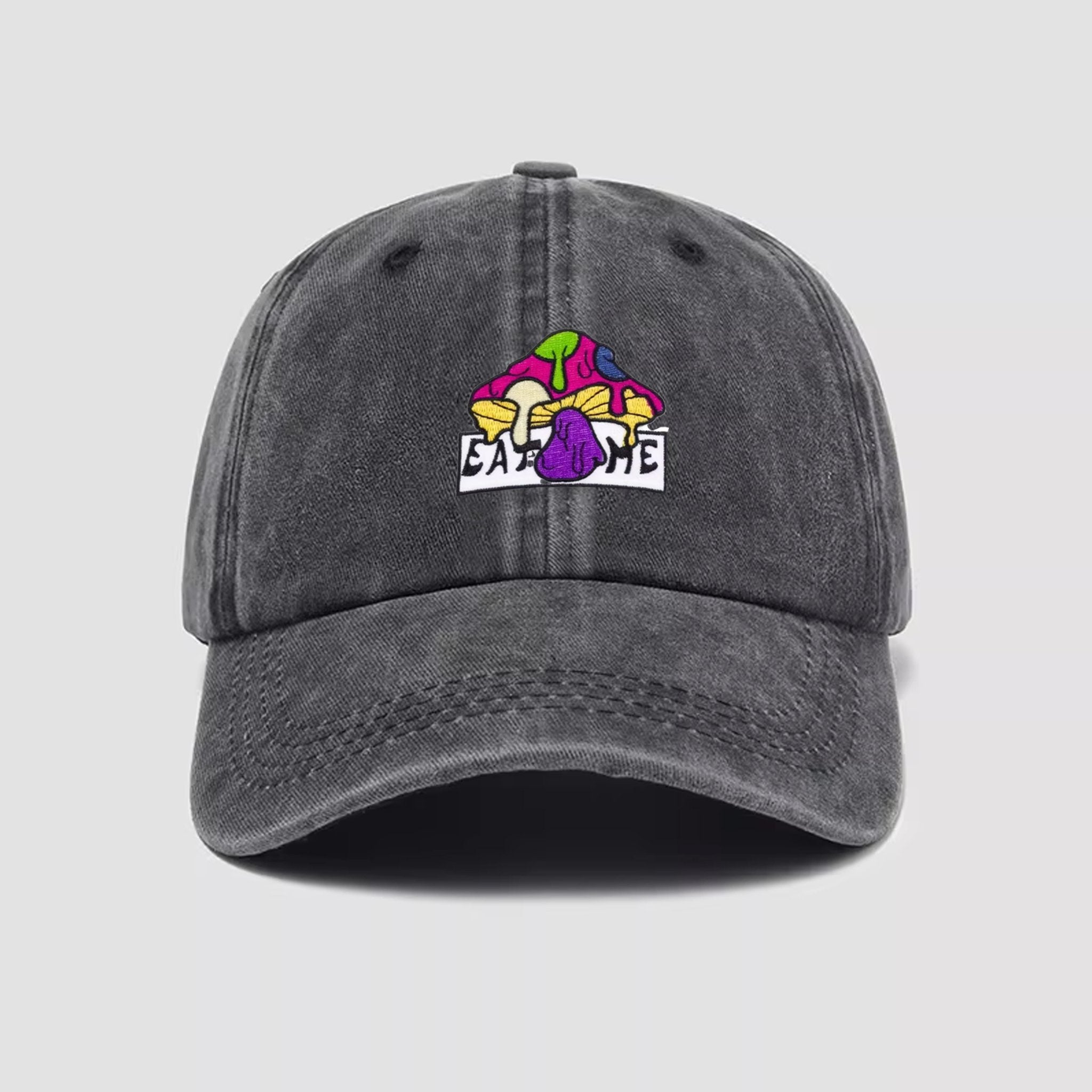 EAT ME Psychedelic Mushroom Hat in Charcoal Black - Retro Style Hat