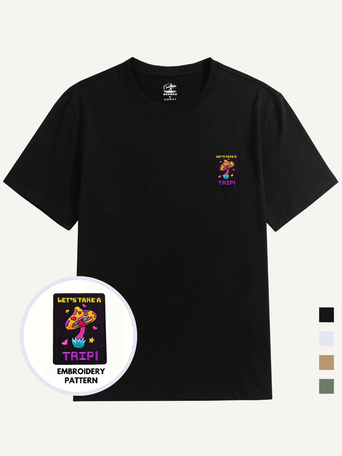 All color options of OROMEN Let's Take A Trip Mushroom Embroidery T-shirt