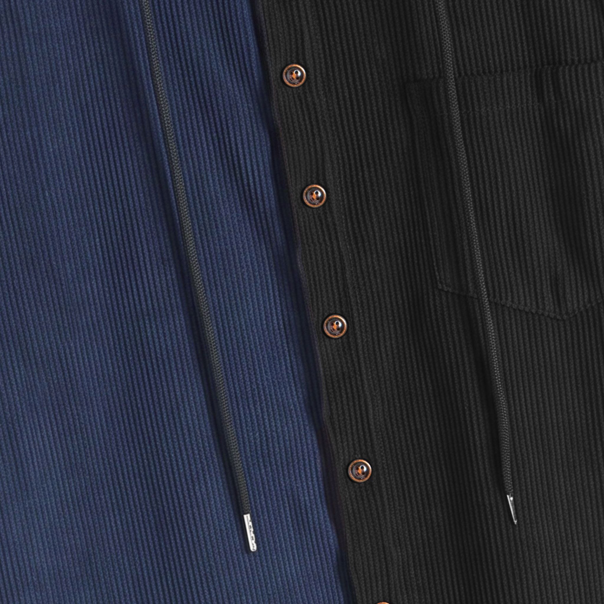Antique brass button-front placket and white dual drawstrings detail on OROMEN navy black corduroy shirt