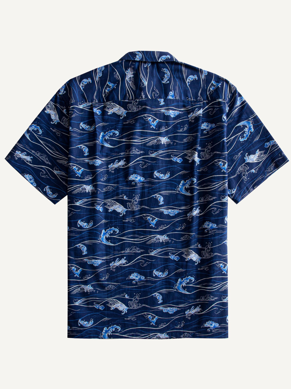 Back flat lay view showing allover wave print and box pleat of OROMEN Hokusai Kairin Shirt