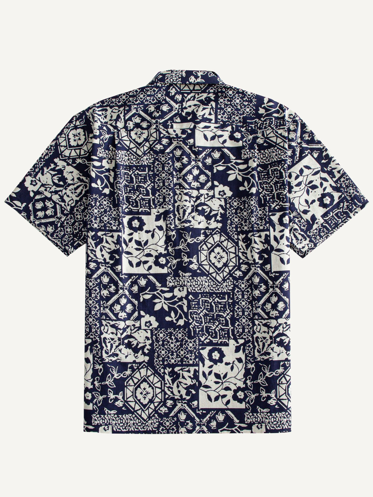 Back flat lay view with stencil patchwork print and box pleat of OROMEN Indigo Katazome Shirt