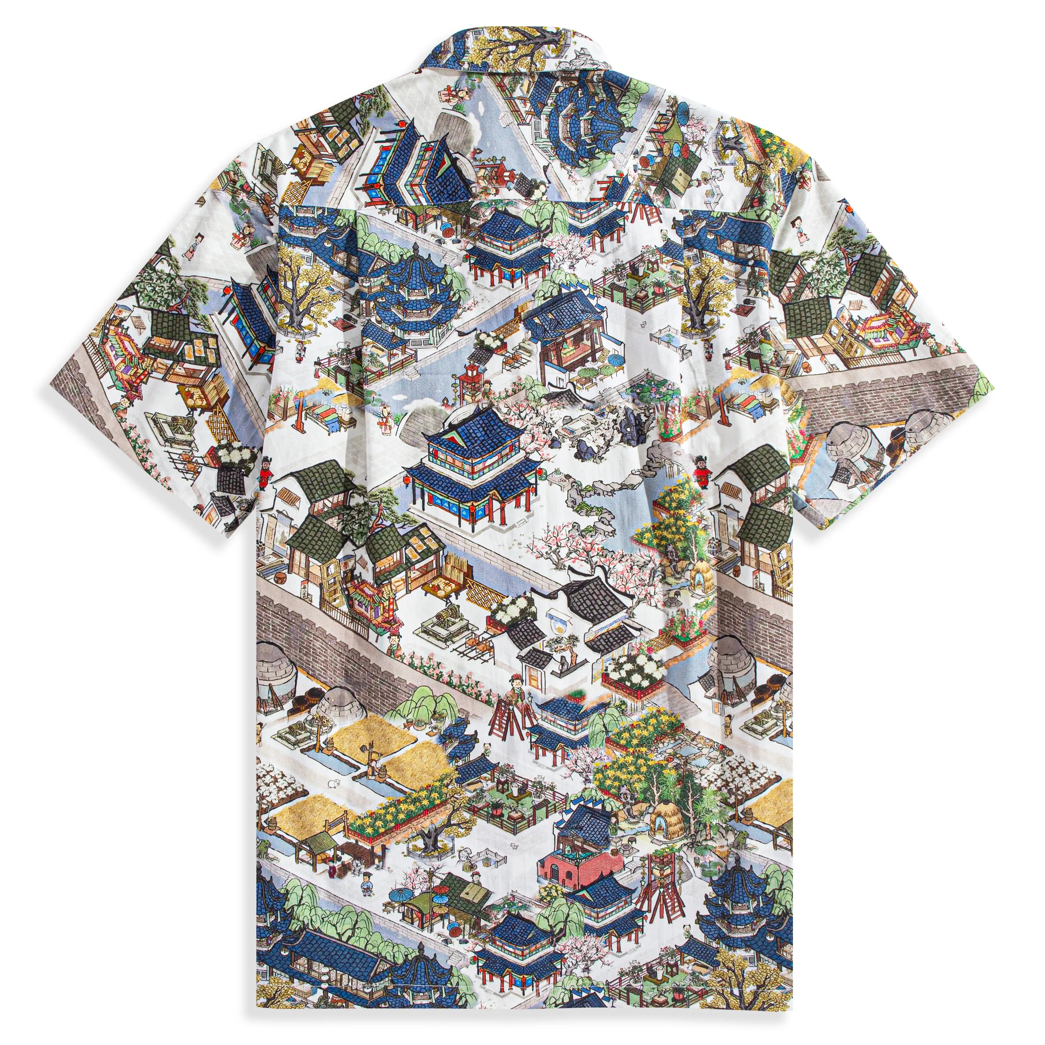 Back view of Courtyard Culture shirt showing continuous Chinese scroll pattern