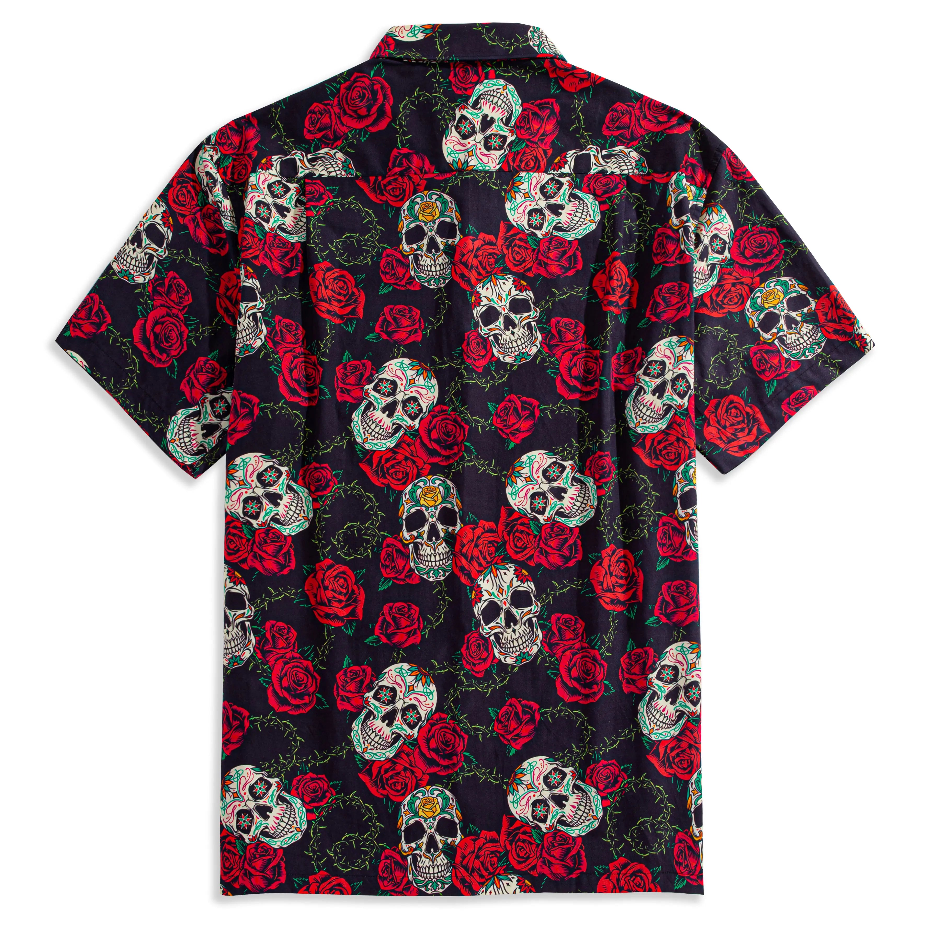 Back view of OROMEN Bloom And Death Hawaiian shirt – full sugar skull and red rose print on black background