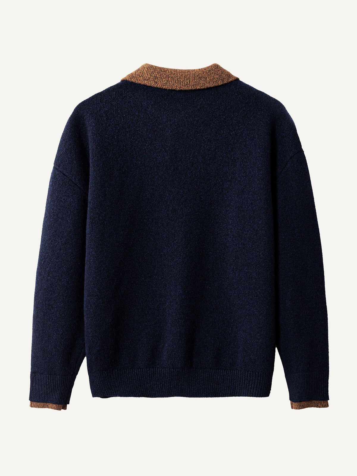 Back view of OROMEN Contrast Collar Knit Polo Sweater in deep navy