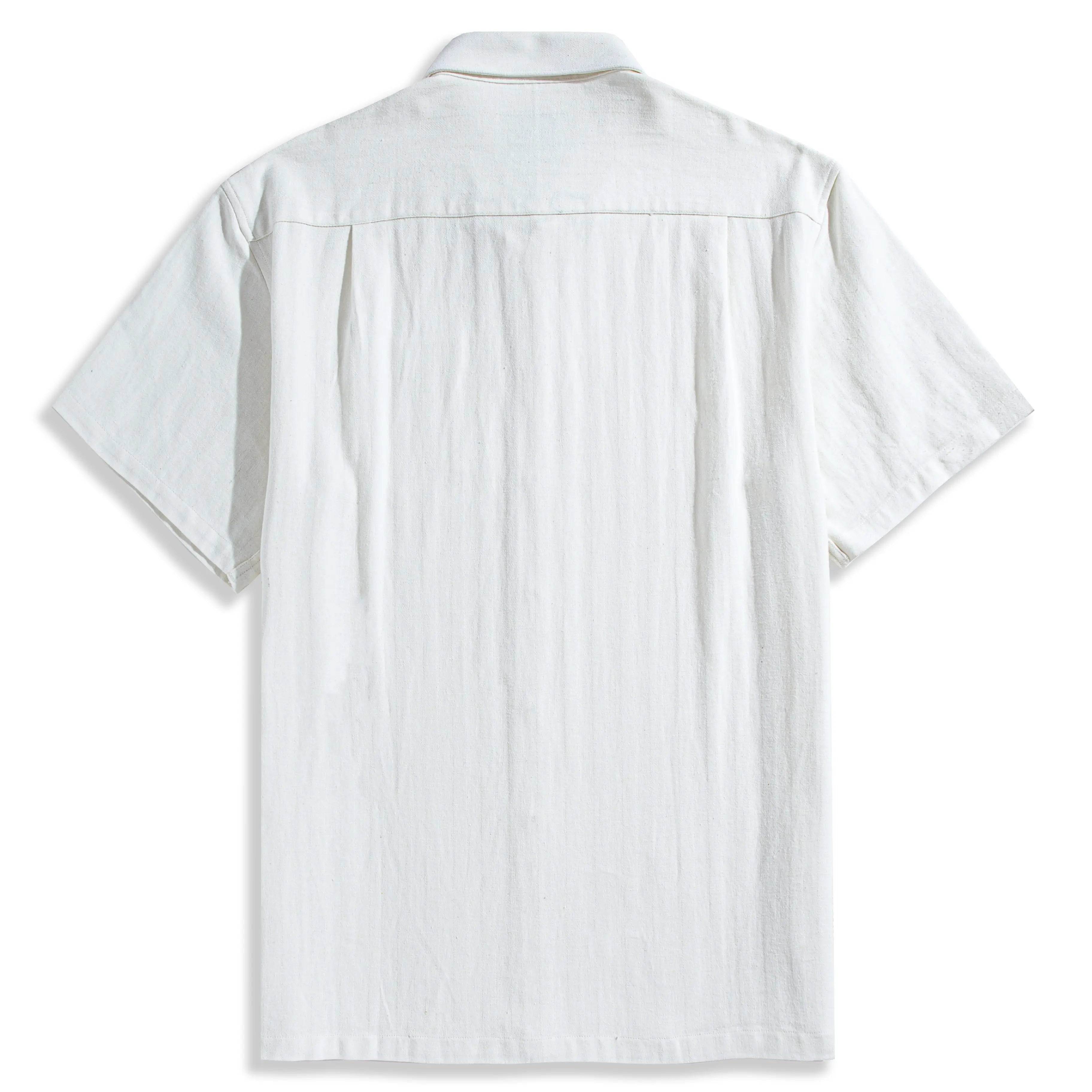 Back view of OROMEN Embossed Striped Shirt – white Tencel™ linen with back box pleat and subtle embossed stripe