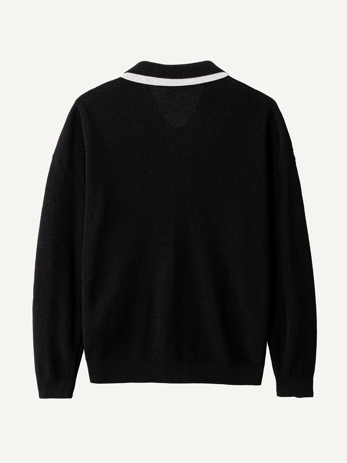 Back view of OROMEN Monochrome Contrast Trim Polo Knit Cardigan in black