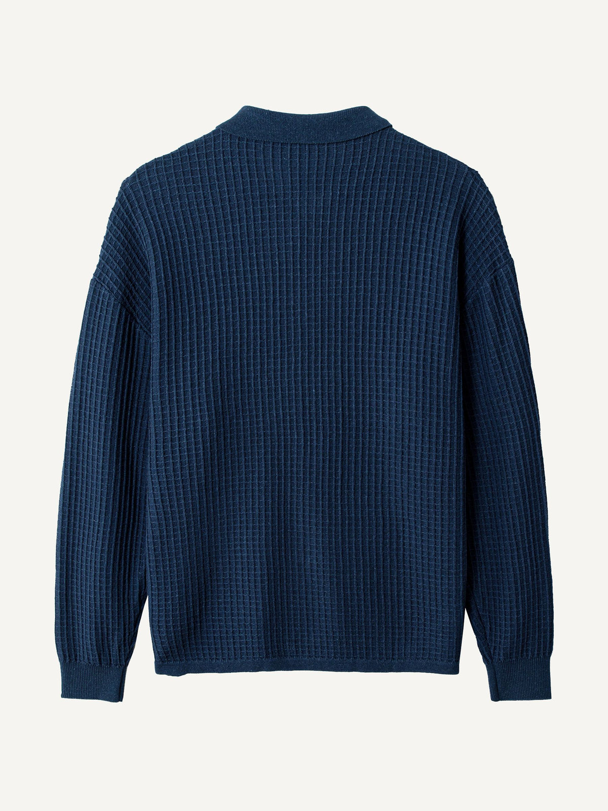 Back view of OROMEN Ribbed Polo Collar Knit Cardigan showing vertical rib pattern