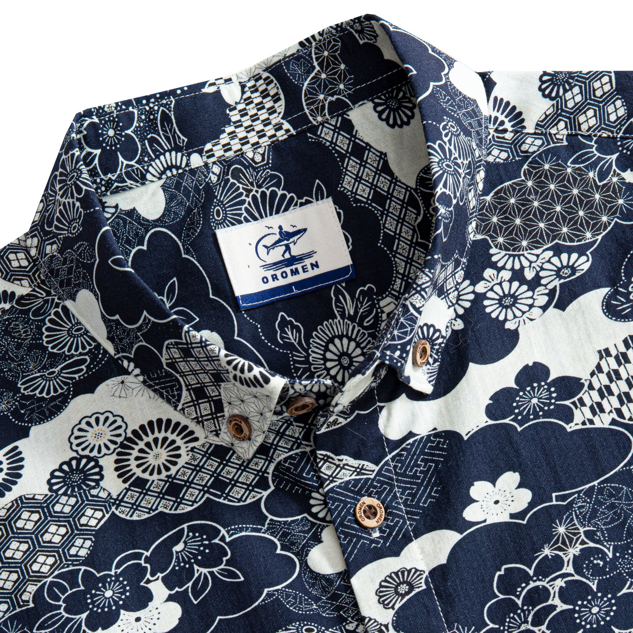 Back view of OROMEN Seigaiha Asanoha Sakura Japanese pattern short sleeve shirt in Navy