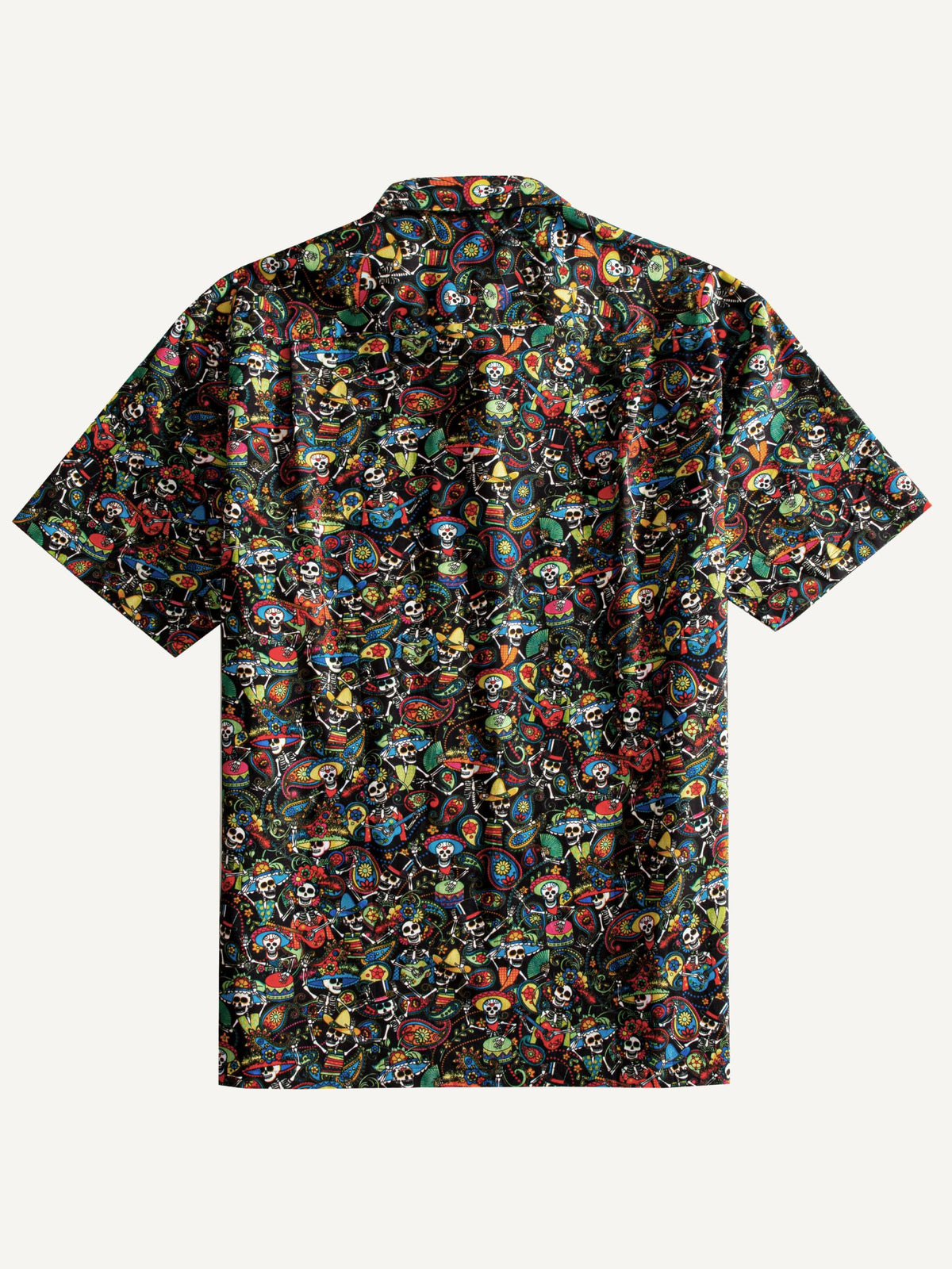 Back view of OROMEN Sugar Skulls Day of the Dead cotton shirt