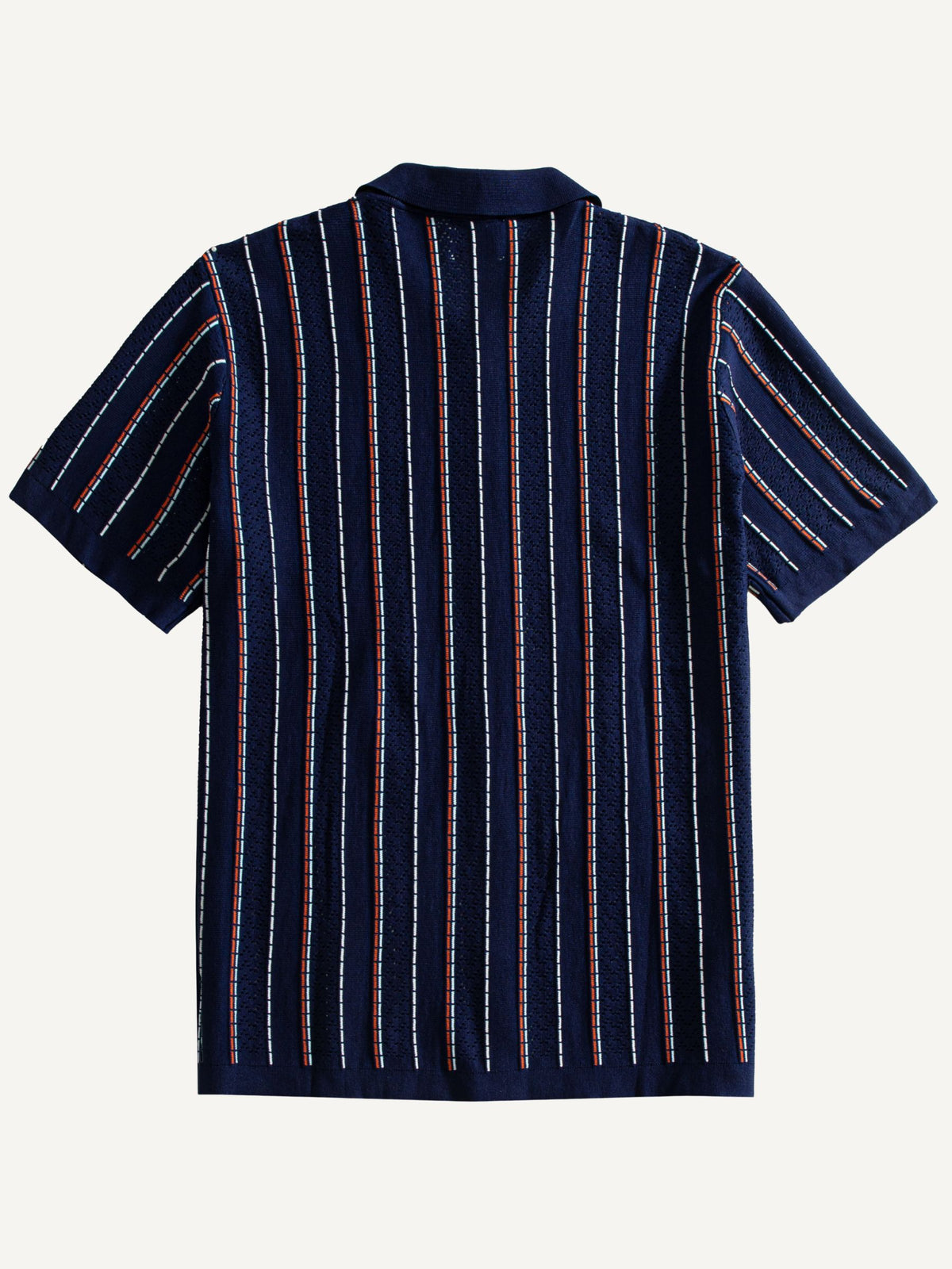 Back view of OROMEN Tally Stripe Open-Knit Shirt
