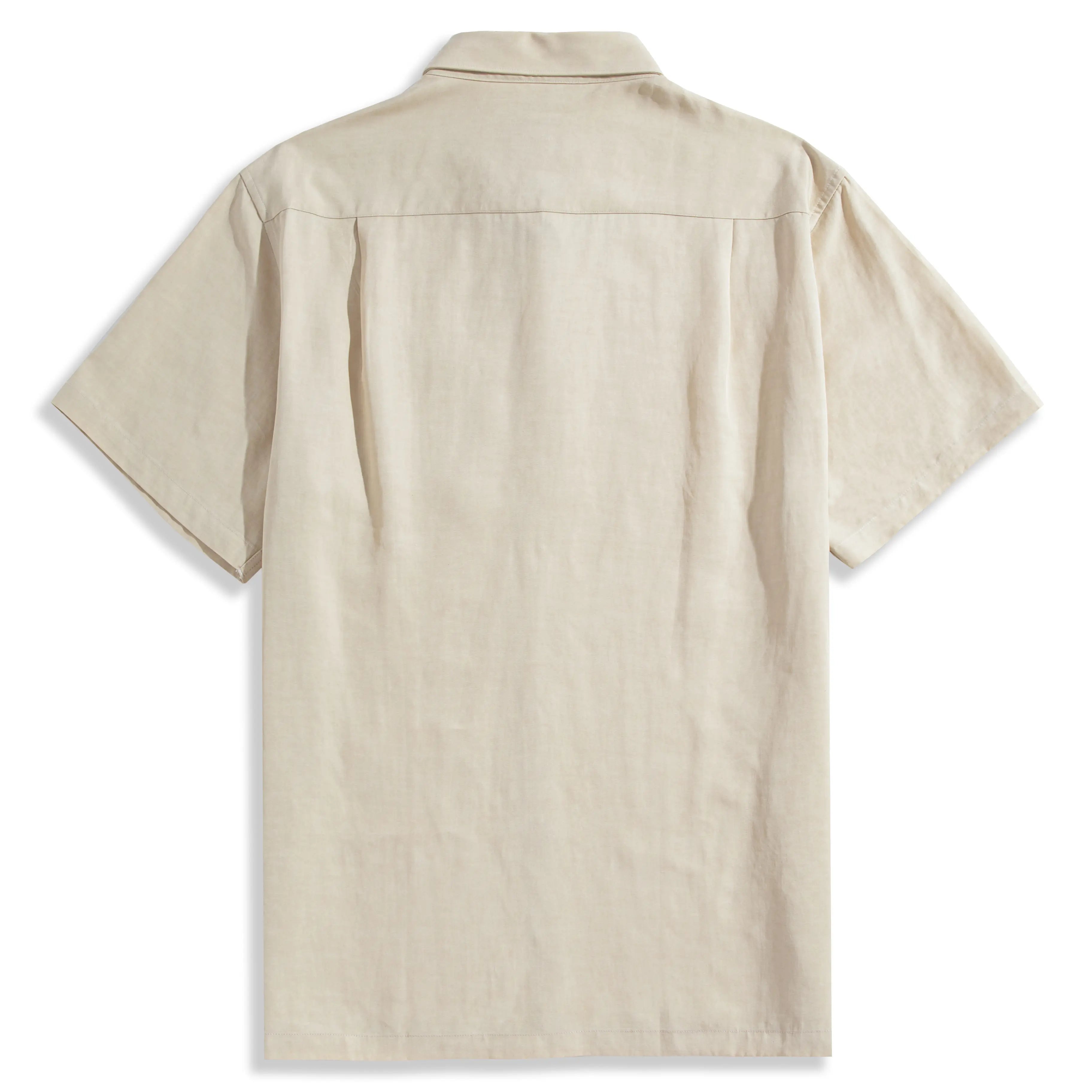 Back view of OROMEN Versatile Shirt – beige Tencel™ linen with back box pleat and short sleeves