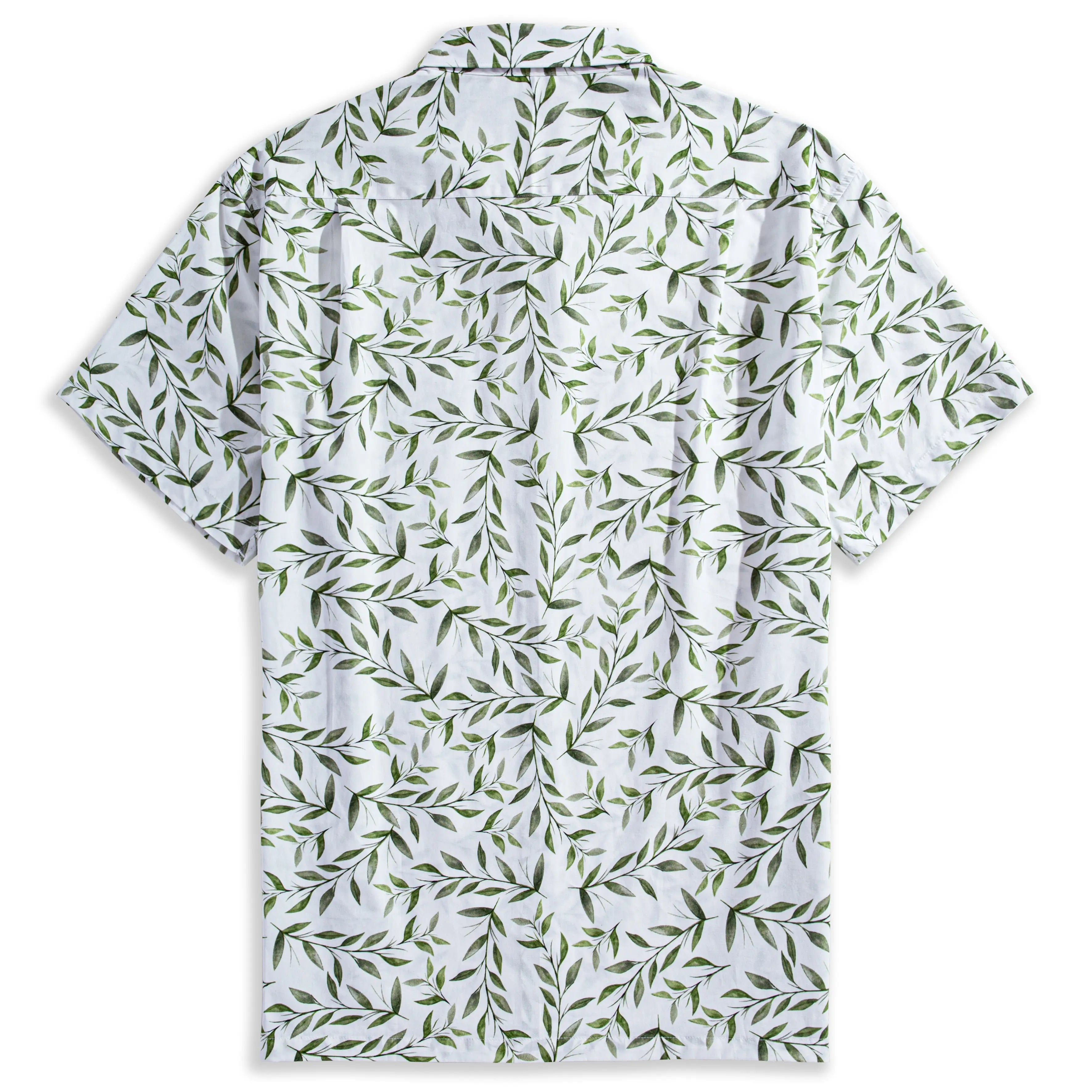 Back view of OROMEN Willow Bough Hawaiian shirt – full green willow branch and leaf print on white