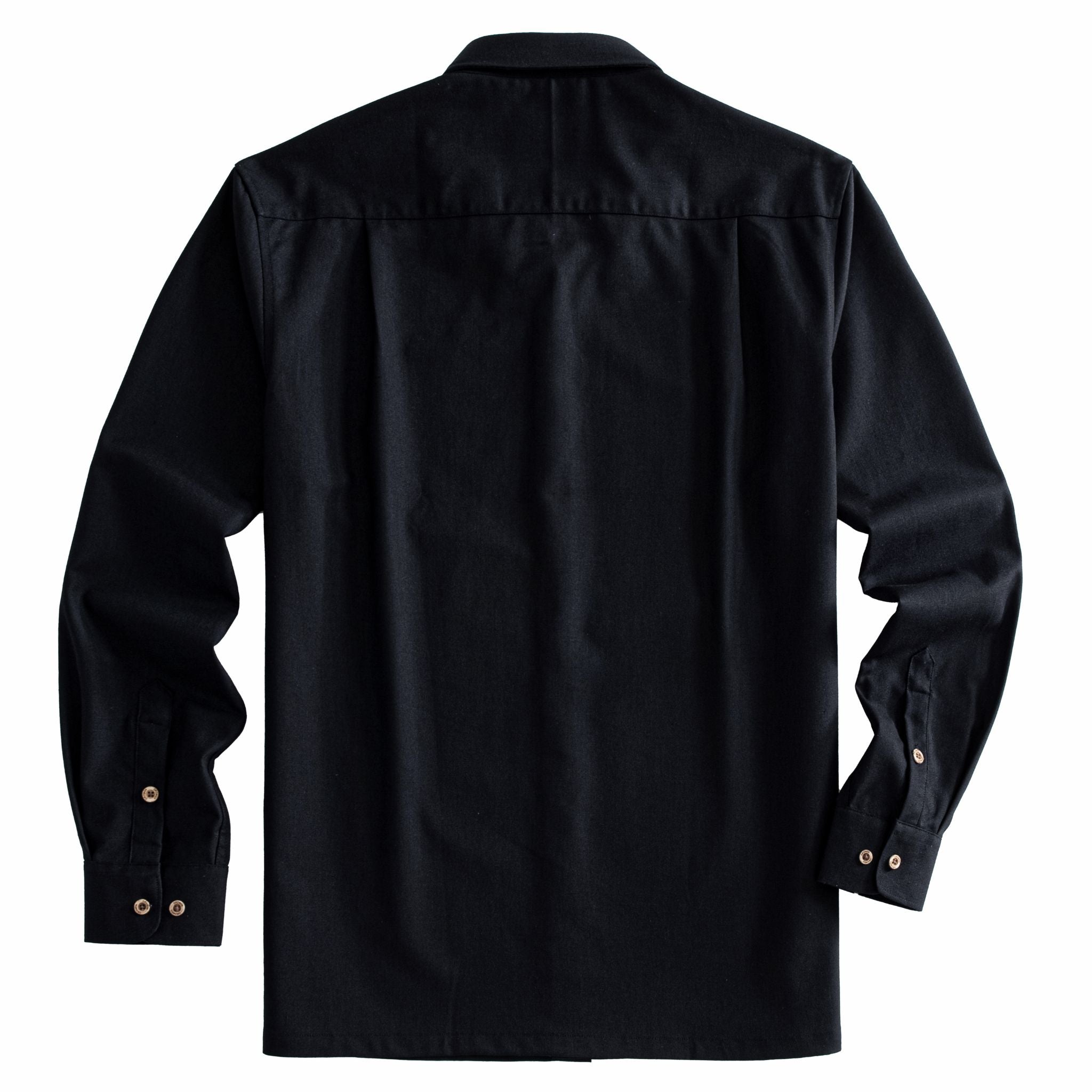Back view of men's black long-sleeve linen-cotton button-down shirt, flat lay on white background