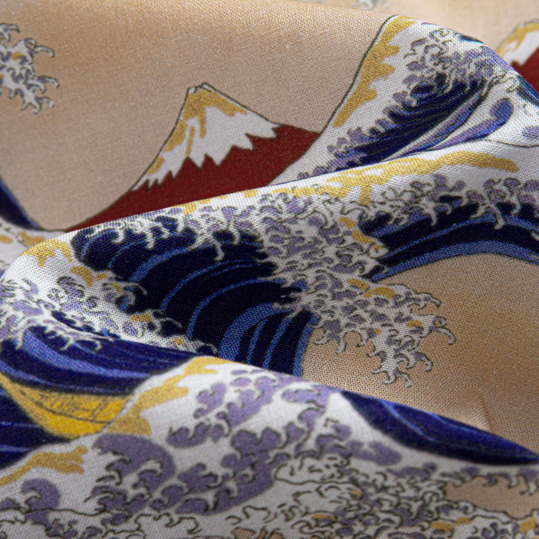 Back view showing Hokusai Great Wave print with Mount Fuji and box pleat detail