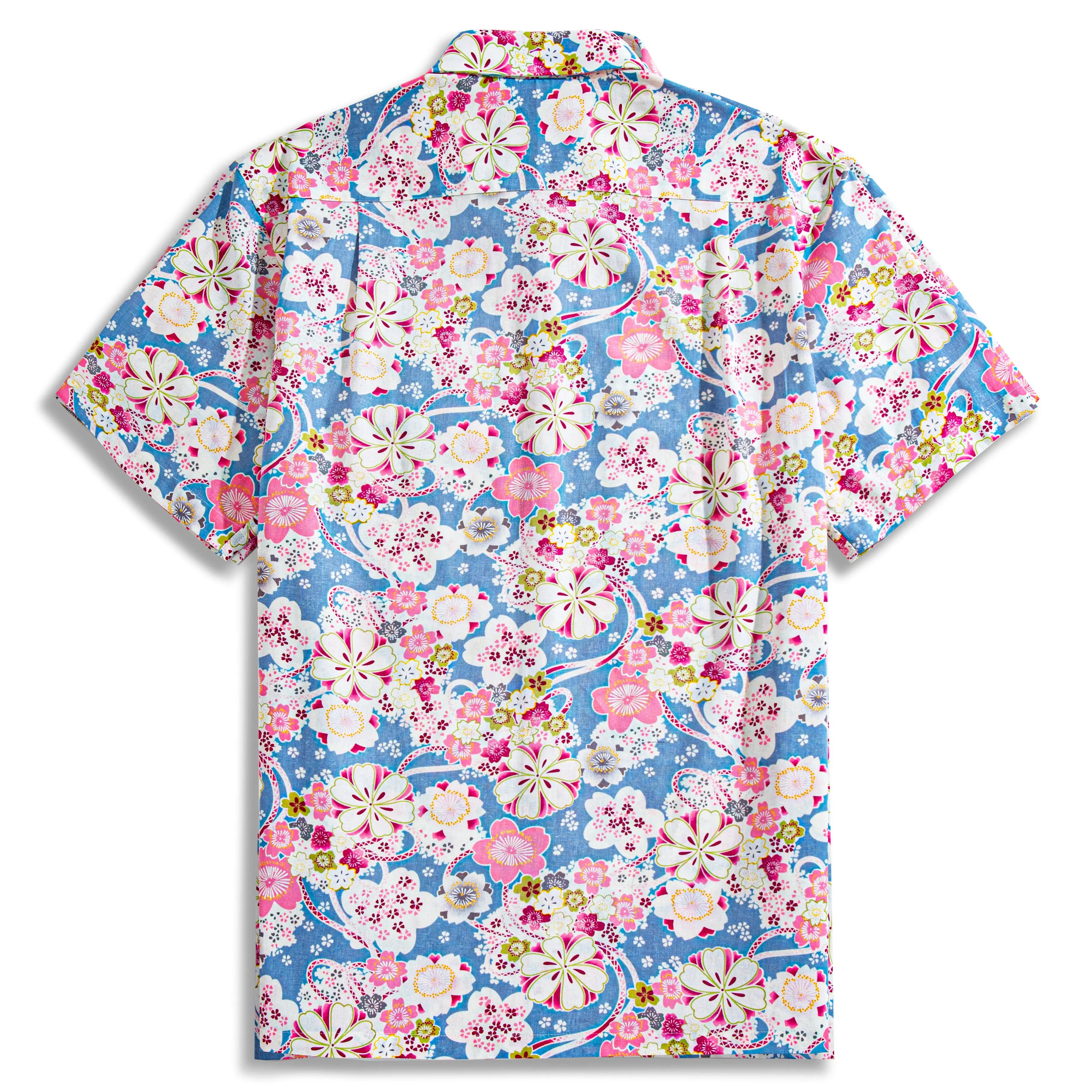 Back view showing box pleat and sakura temari pattern on cotton shirt