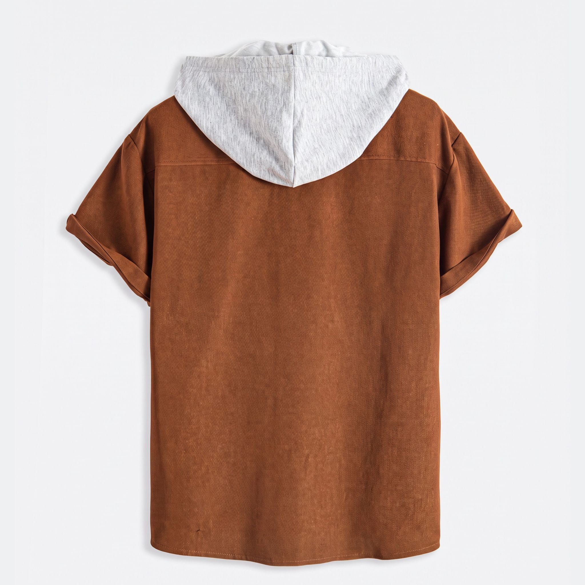 Back flat lay of OROMEN rust brown hooded short-sleeve shirt with heather grey contrast hood