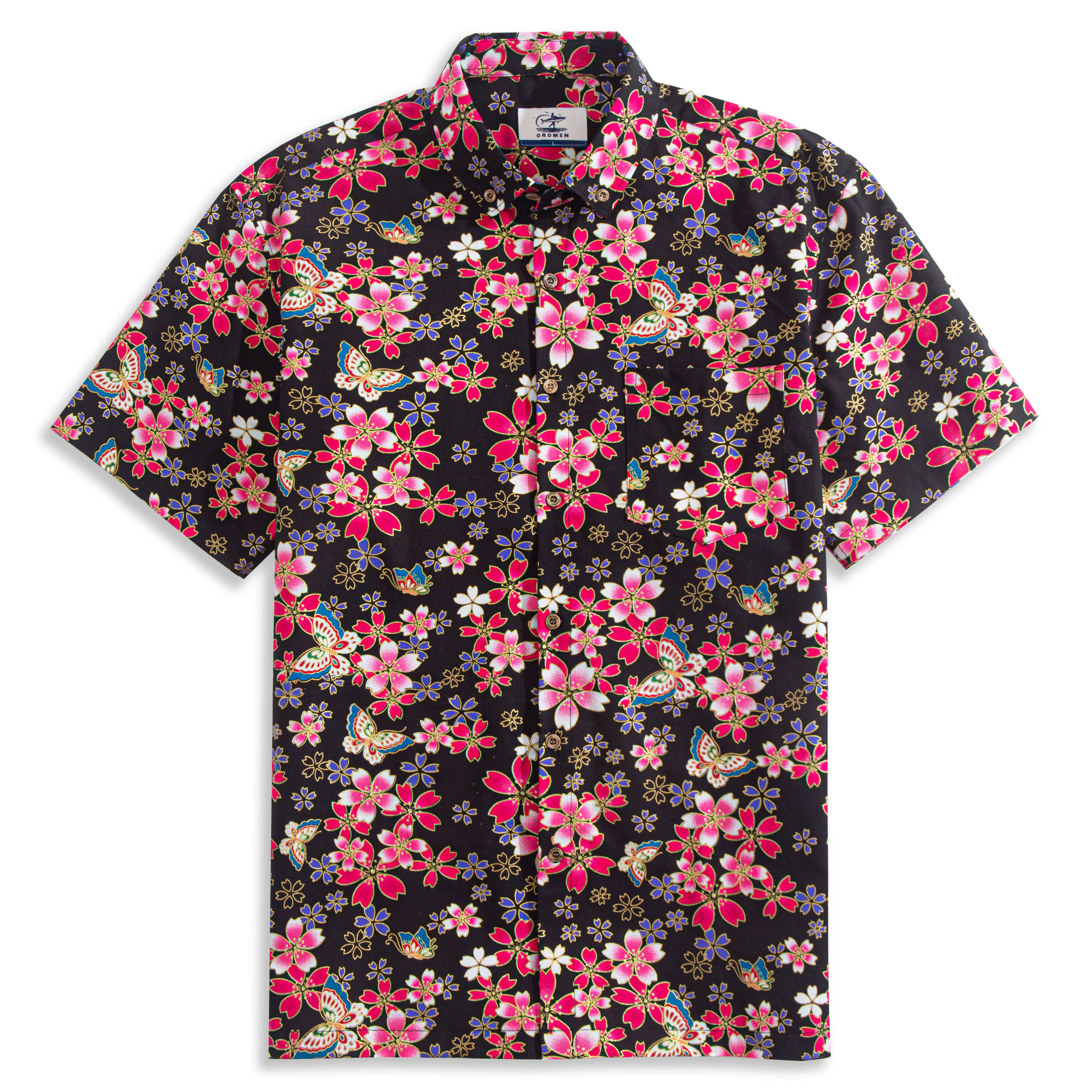 Black and pink sakura cherry blossom aloha shirt - OROMEN Japanese Ukiyo-e cotton shirt