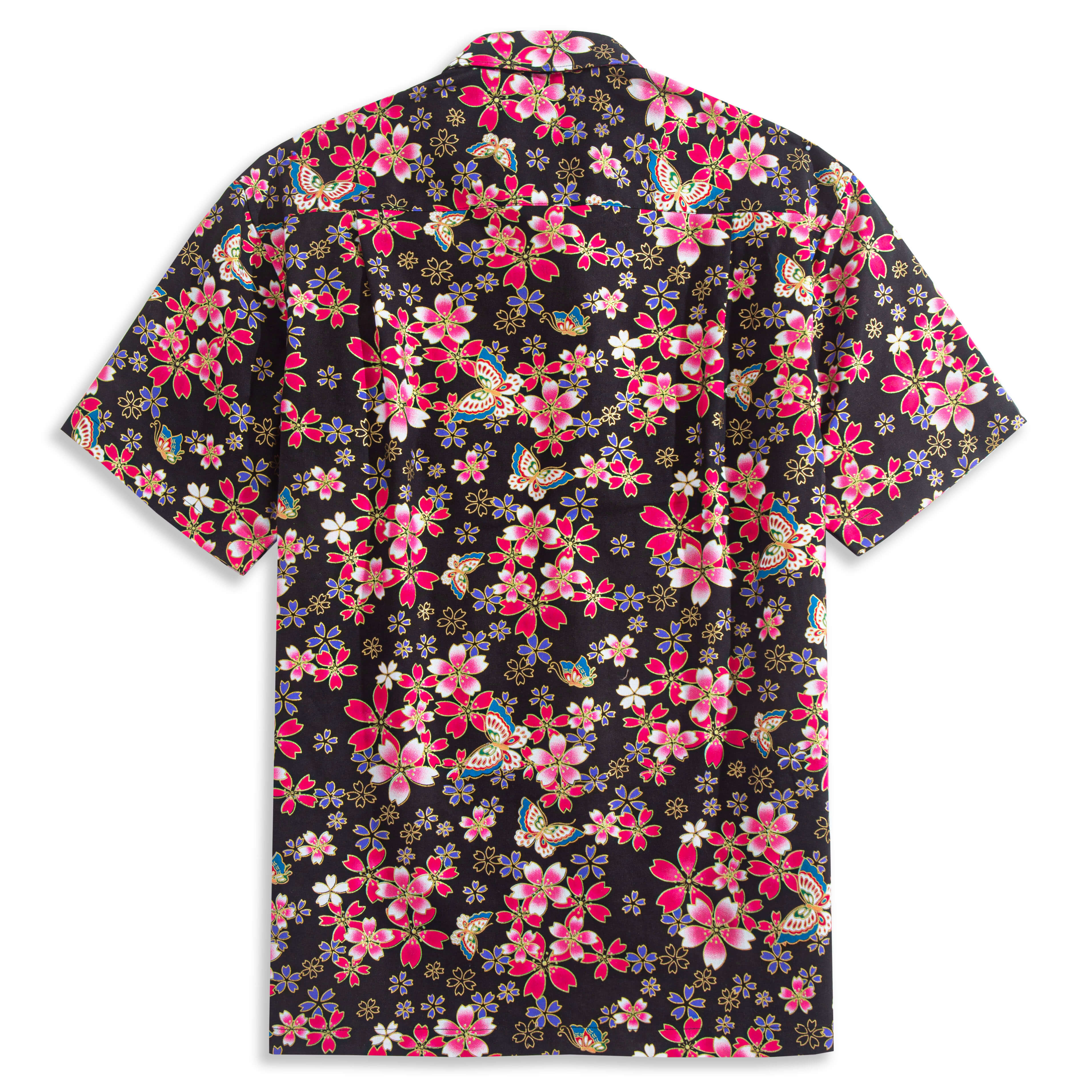 Black pink cherry blossom shirt full view - elegant Japanese-inspired casual shirt