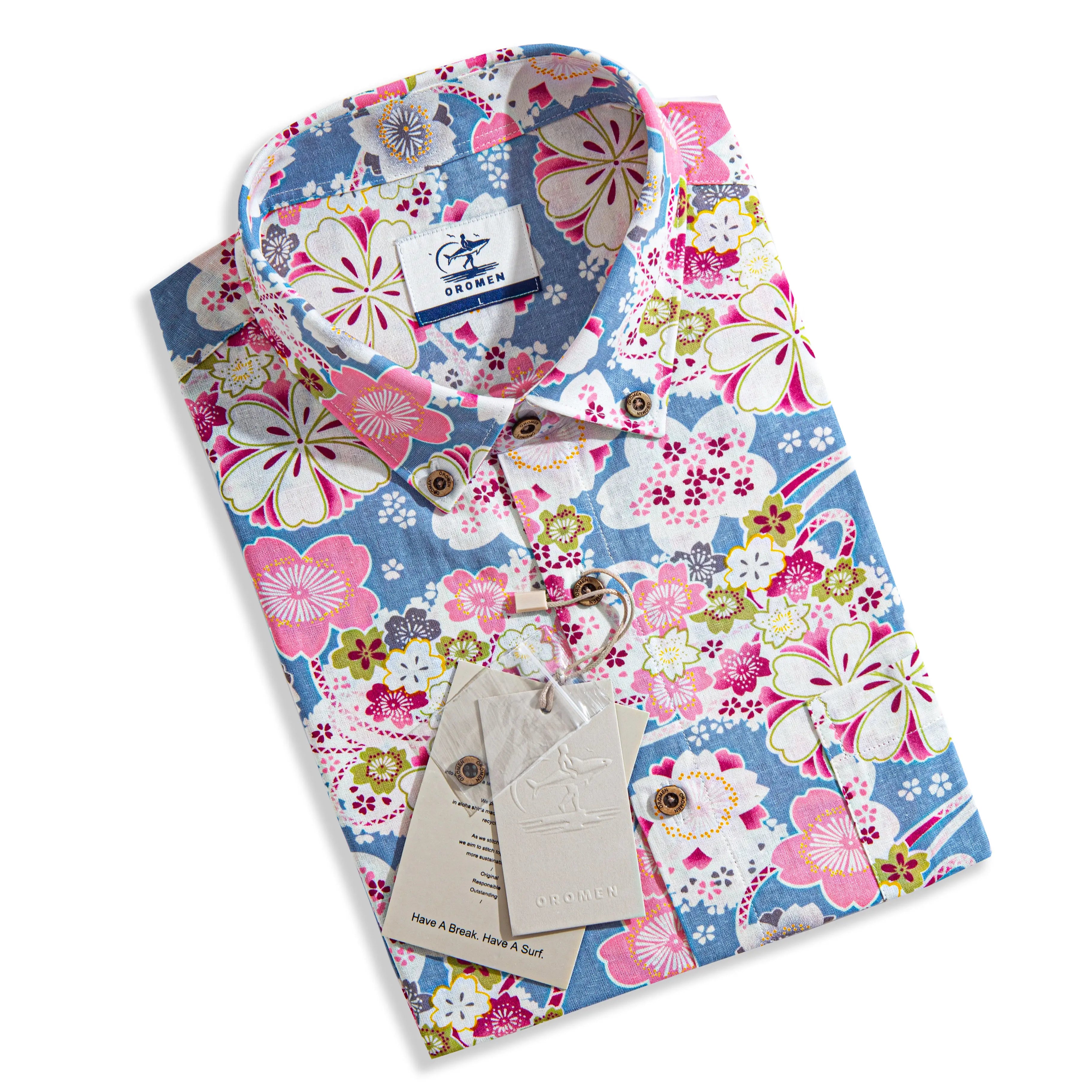 Blue cotton shirt featuring hand-painted cherry blossom and temari ball pattern