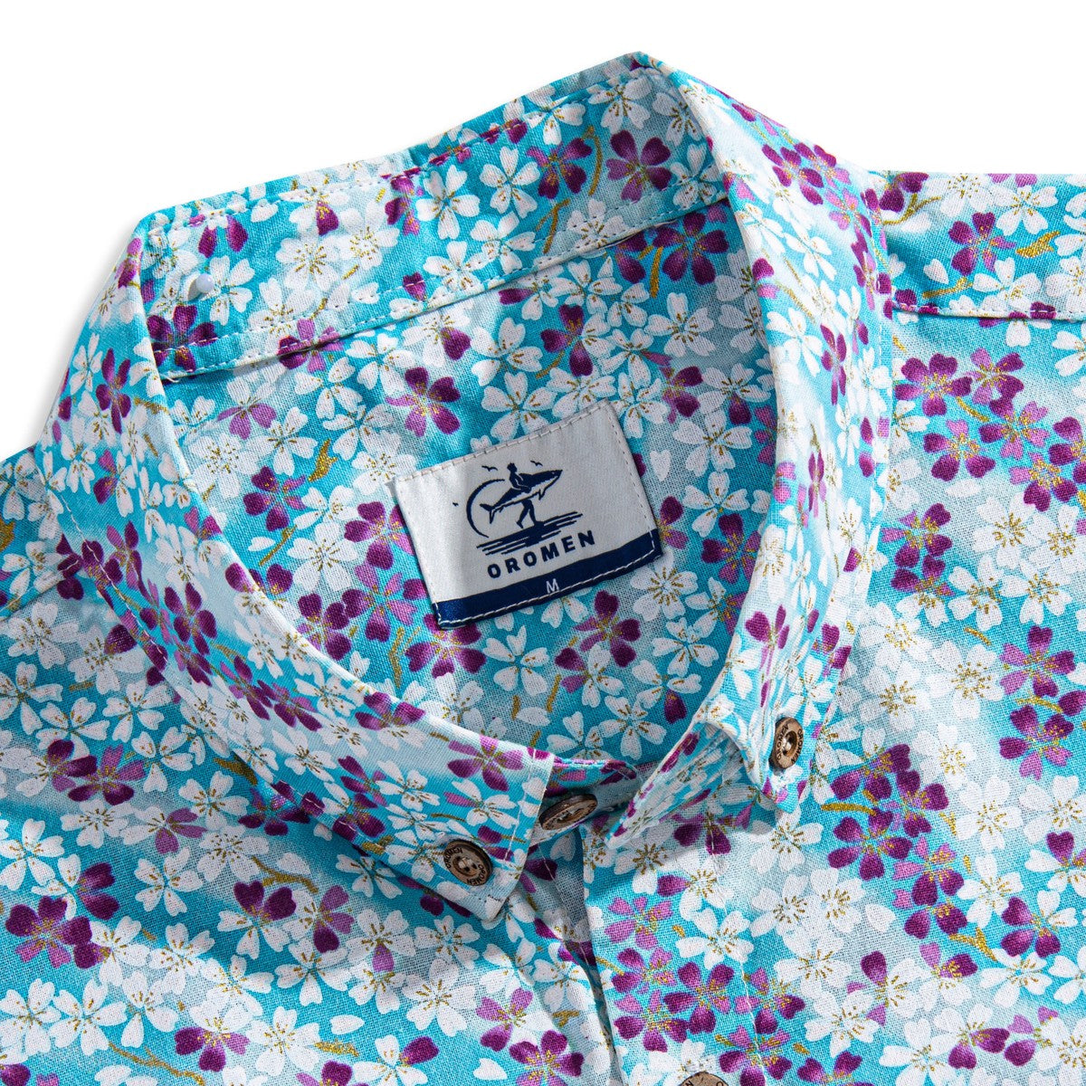 Button-Down Collar Detail - Sakura Petals Japanese Style Shirt with Natural Coconut Buttons