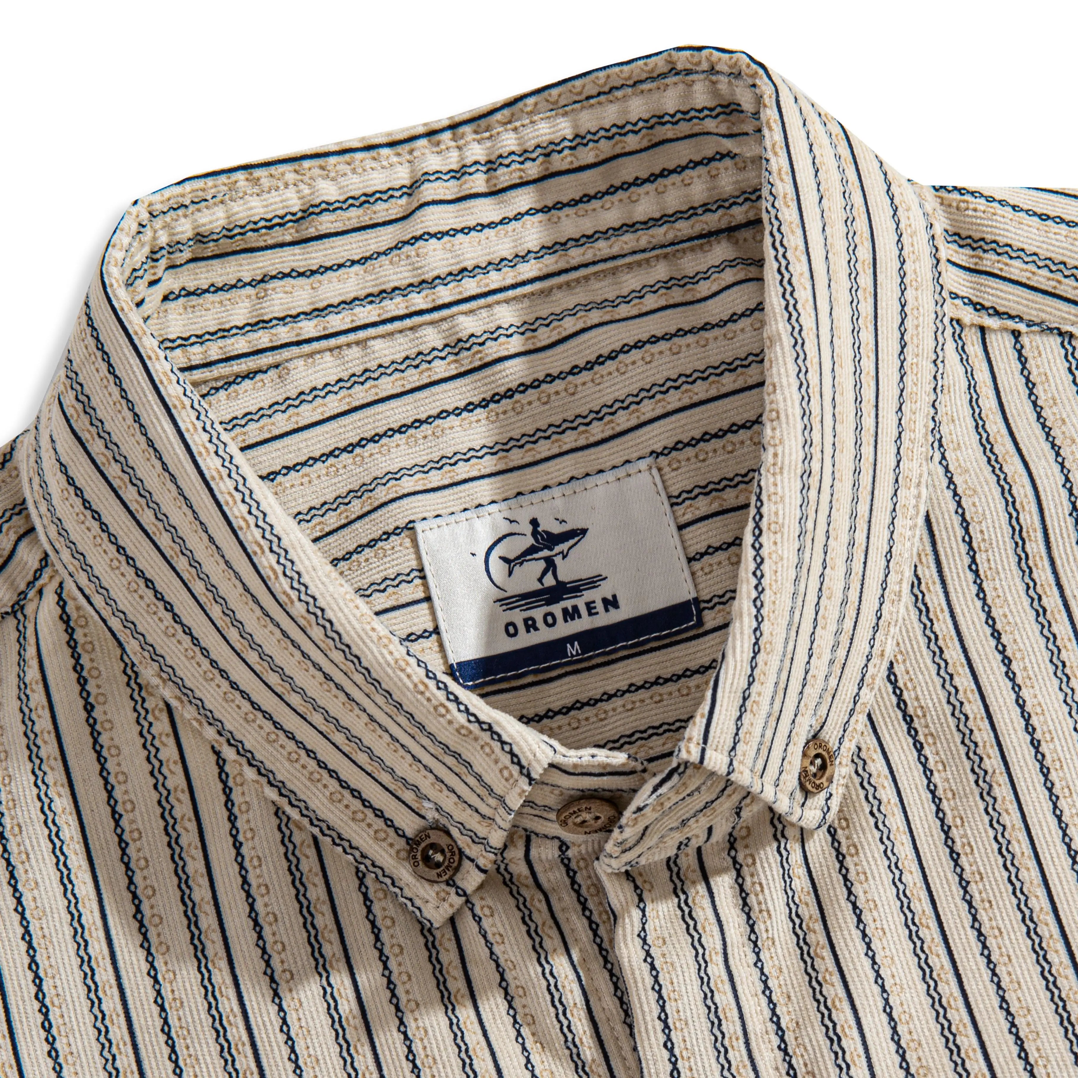 Button-Down Collar Detail on OROMEN 100% Cotton Striped Corduroy Shirt – Natural Coconut Buttons