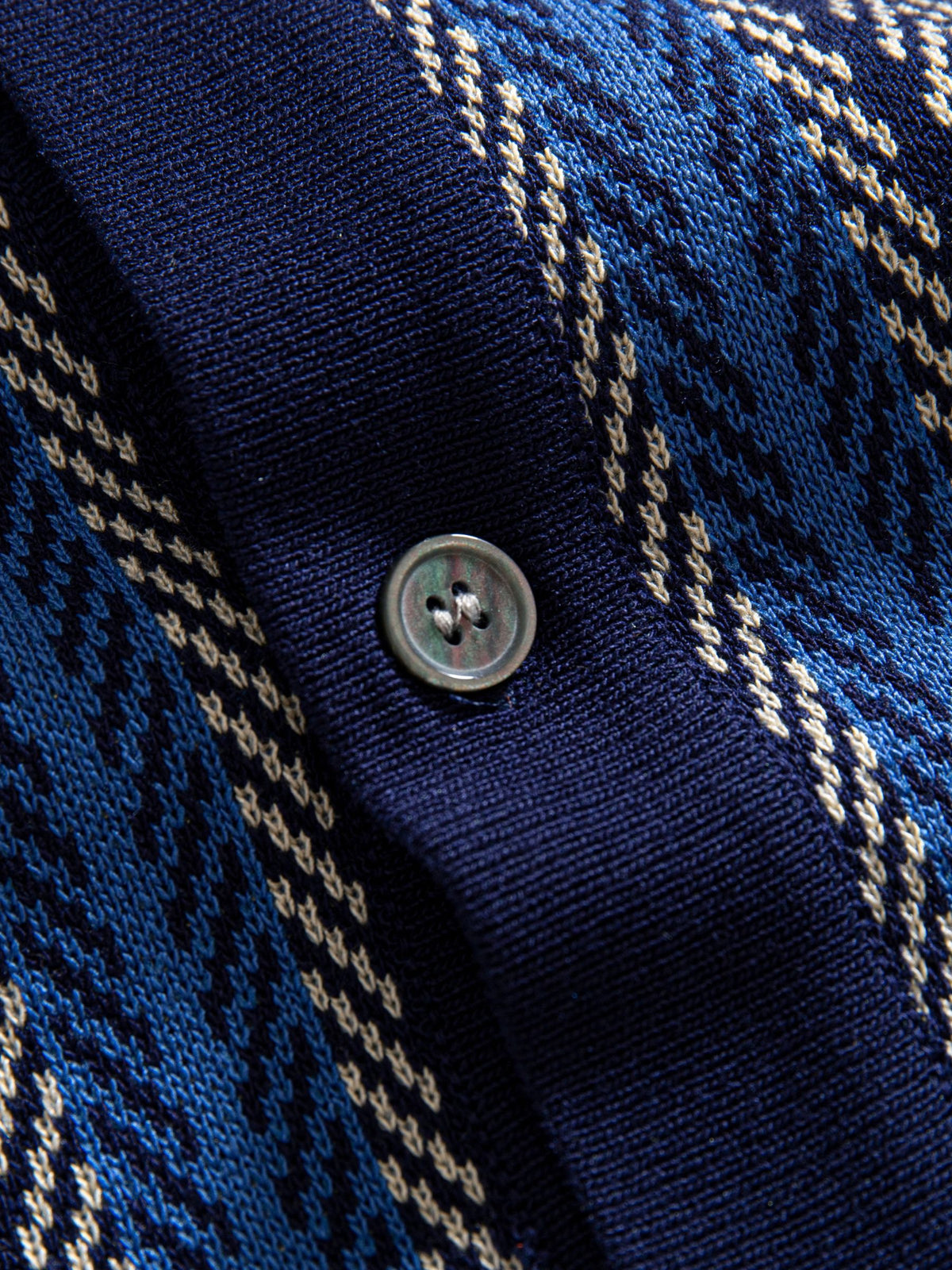 Button closure and placket detail of OROMEN Savile Herringbone Knit Shirt