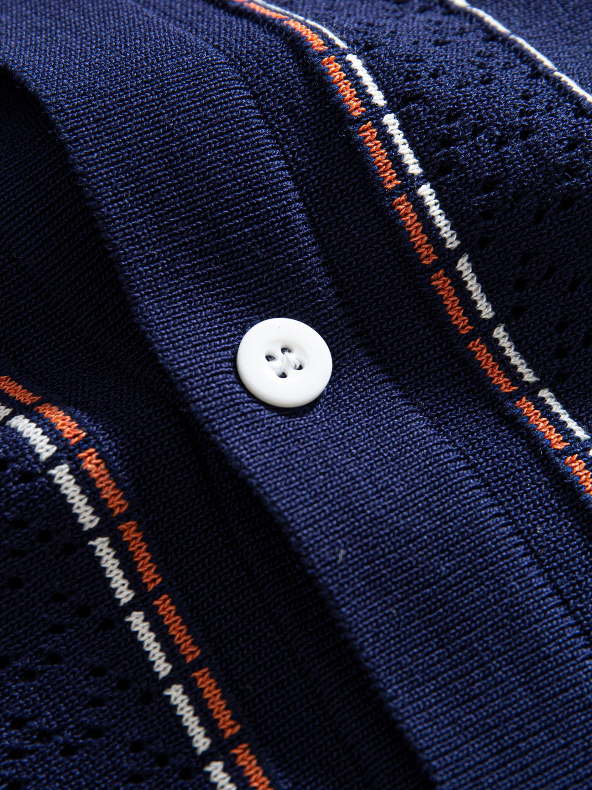 Button closure and placket detail of OROMEN Tally Stripe Open-Knit Shirt