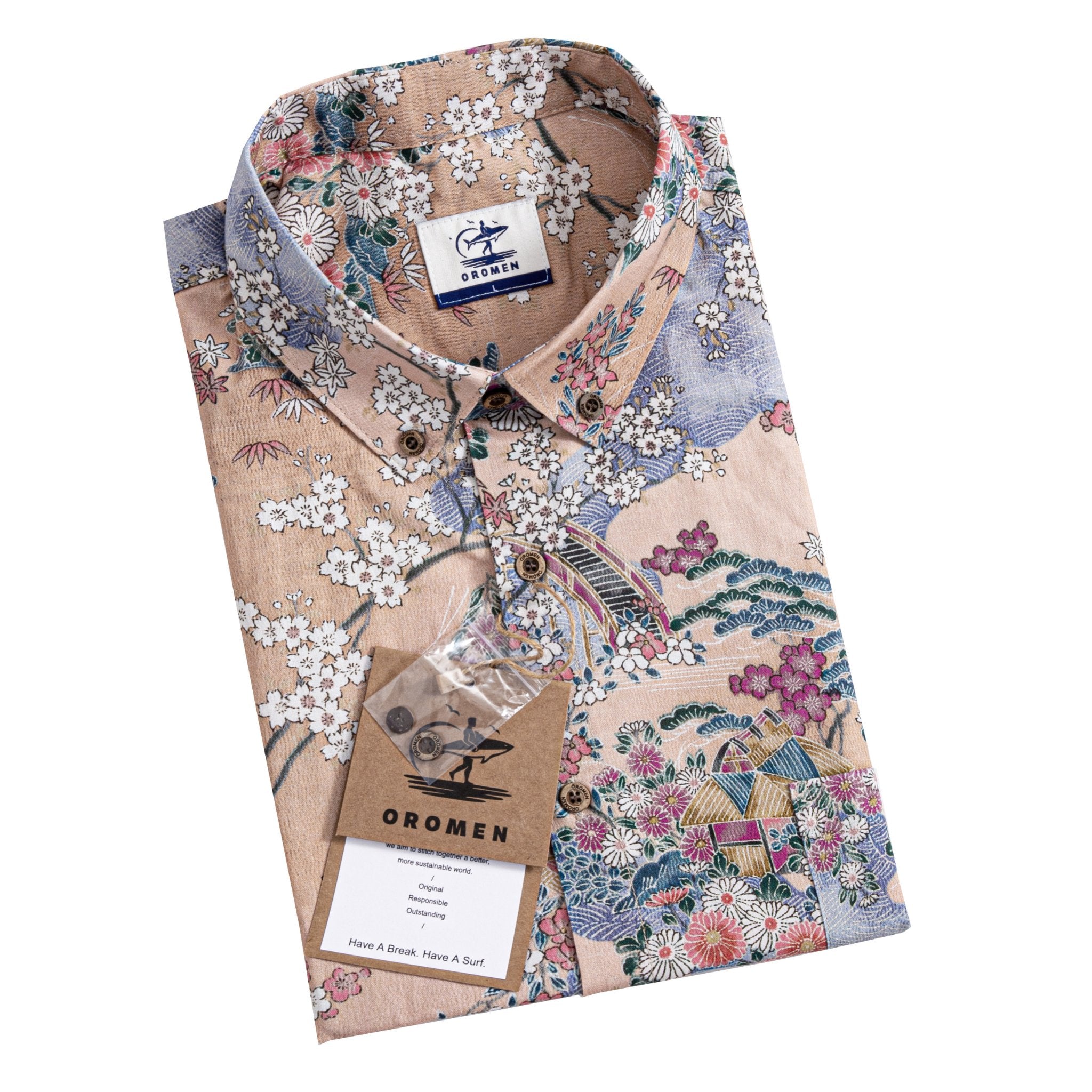 Button-down collar Japanese shirt with traditional Ukiyo-e spring landscape design