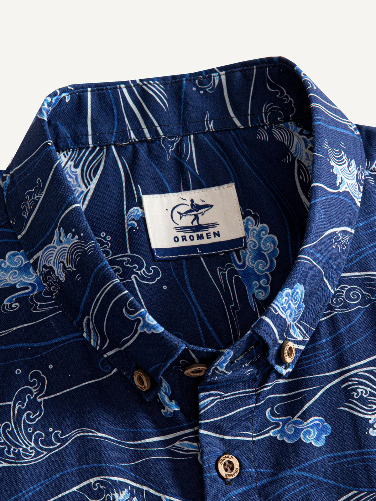 Button-down collar and neckline detail of OROMEN Hokusai Kairin Shirt