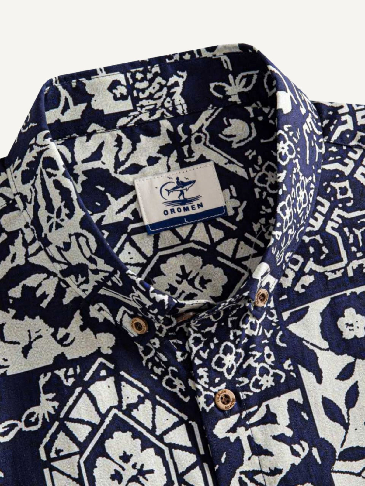 Button-down collar and neckline detail of OROMEN Indigo Katazome Shirt