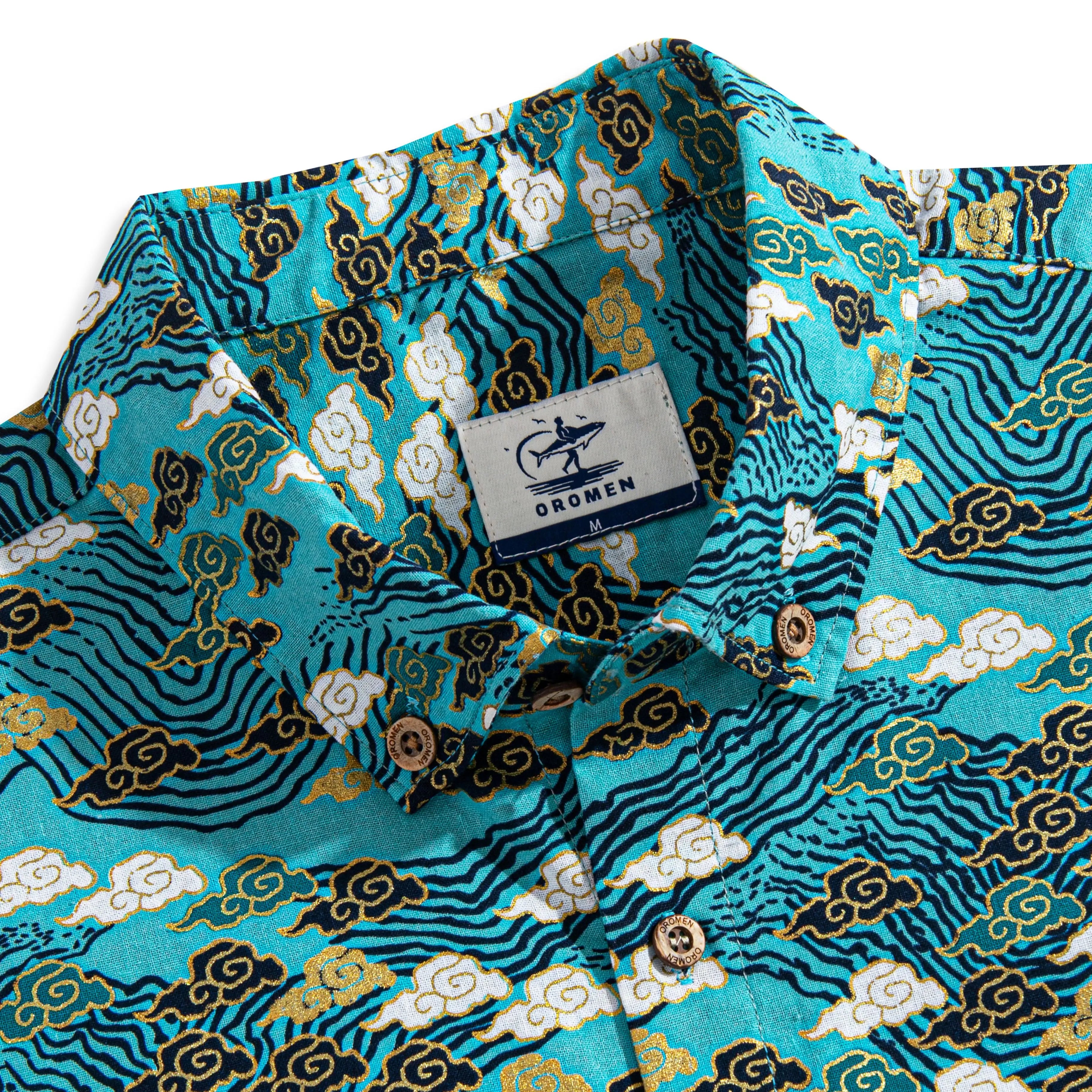 Button-down collar detail of Auspicious Clouds shirt with Japanese cloud print