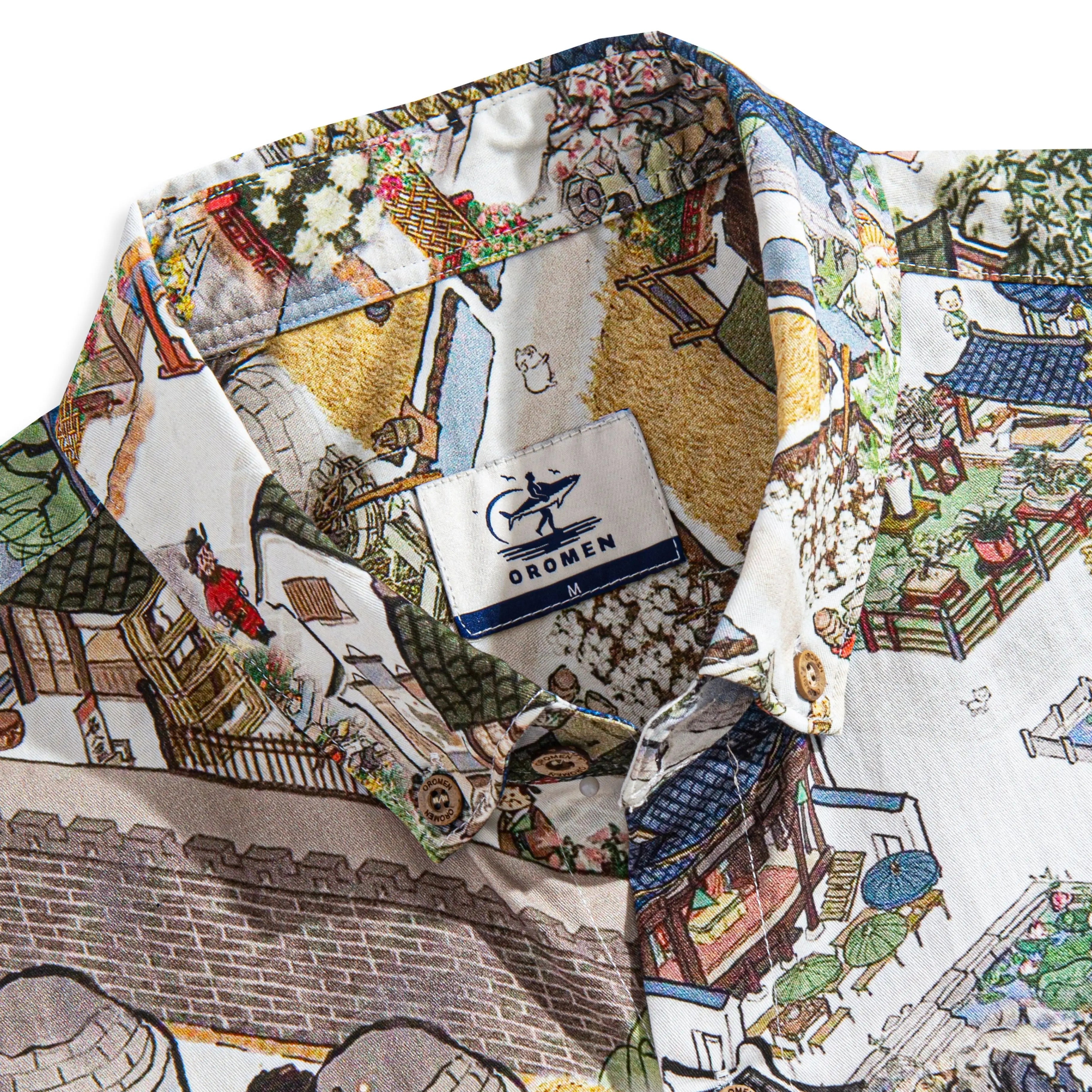 Button-down collar detail of Courtyard Culture shirt with traditional Chinese scroll print