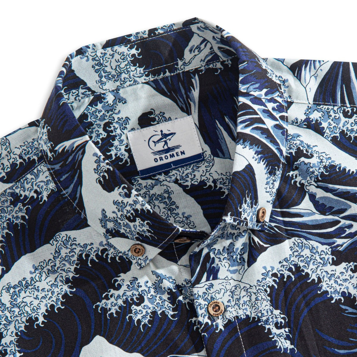 Button-down collar detail on Great Wave Hokusai shirt with Japanese ocean waves