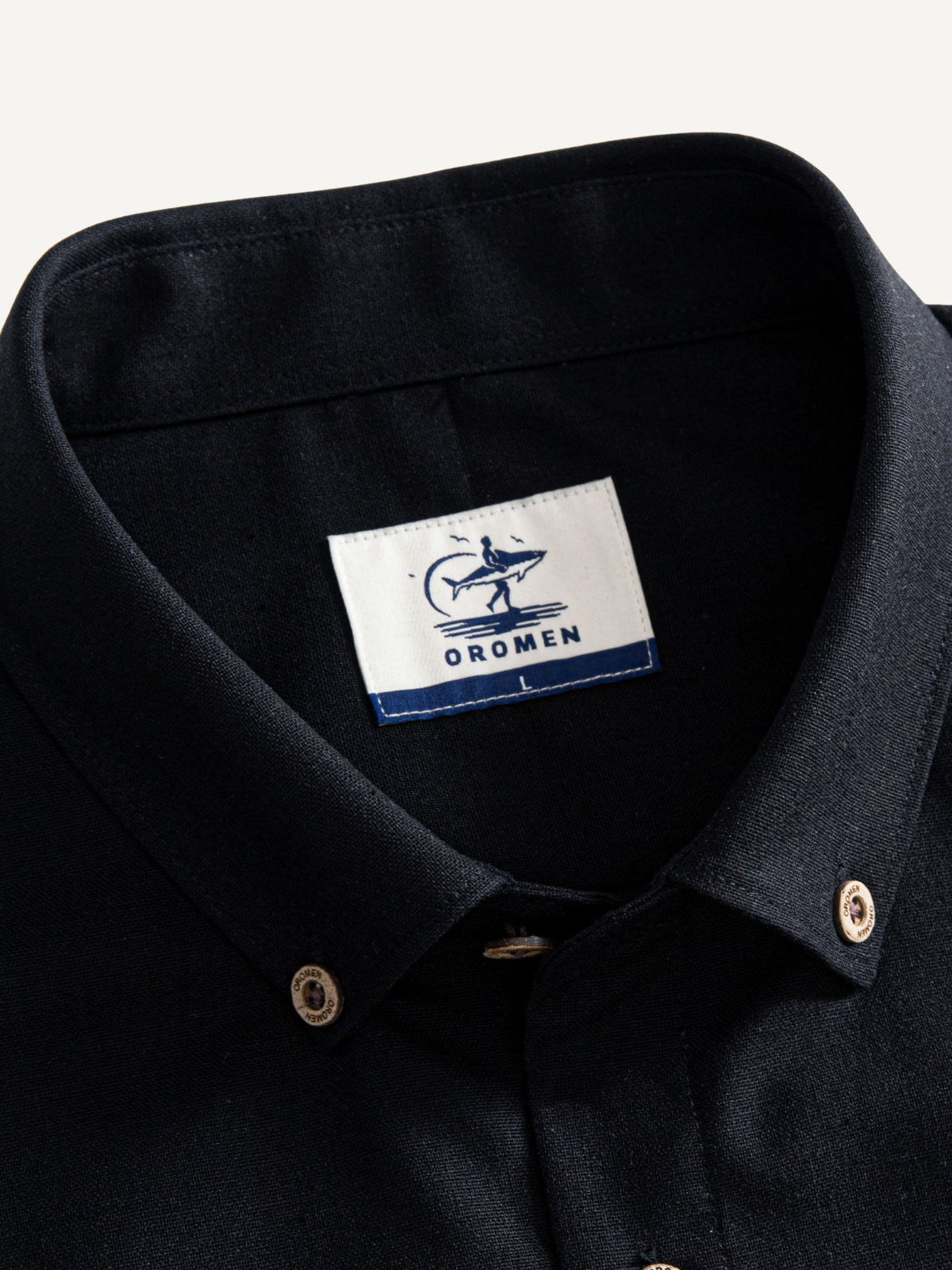 Button-down collar detail on OROMEN Ink Wash Cotton-Linen Shirt
