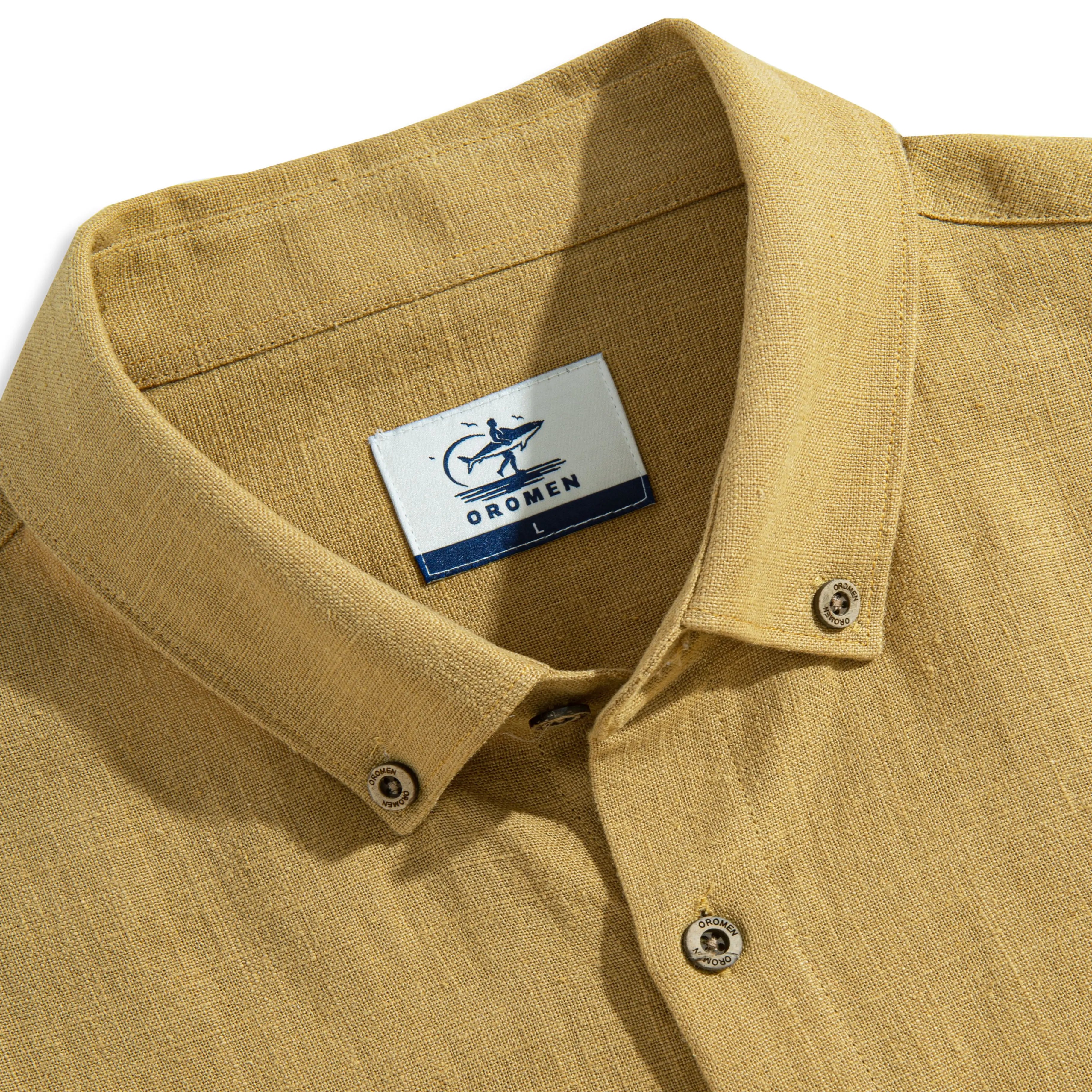 Button-down collar detail on tailored linen shirt - premium craftsmanship