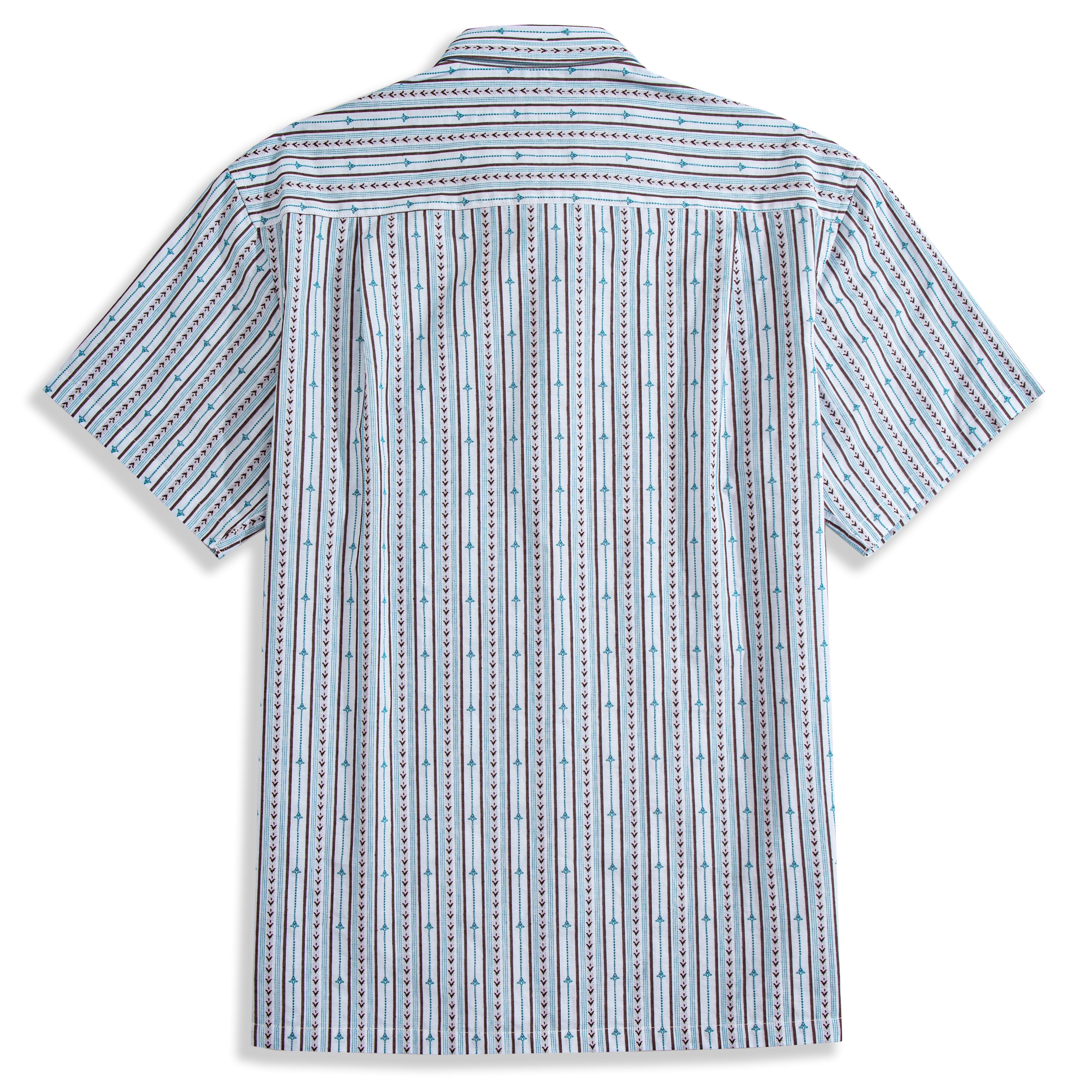 Button-down collar detail on vintage ribbon striped shirt with embroidered flowers