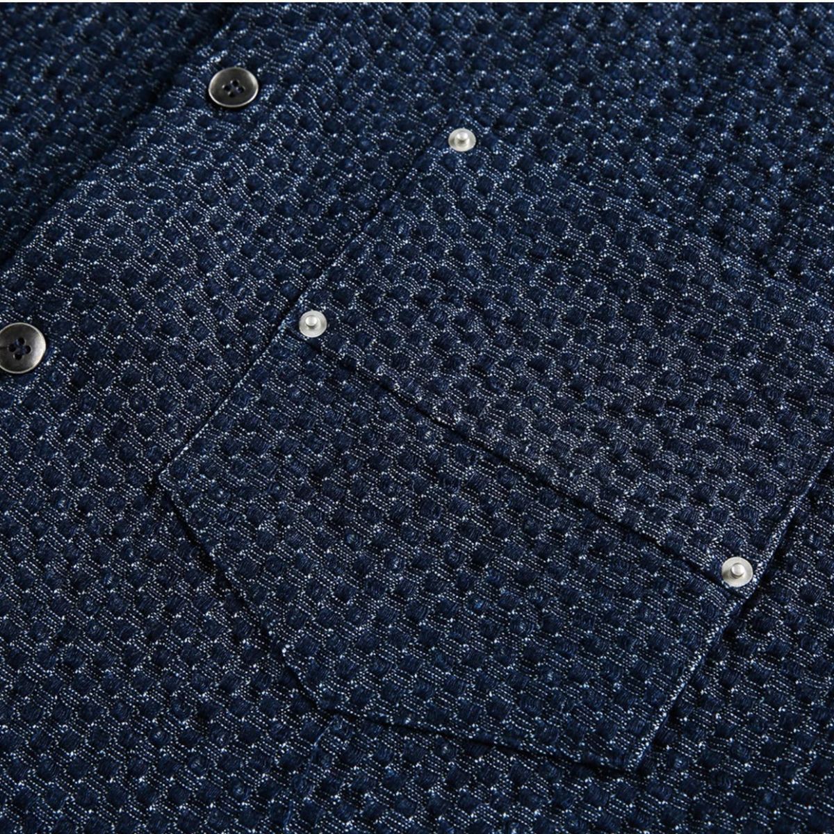 Chest pocket detail of OROMEN OROAW042 Checkered Jacquard Shirt, flush patch pocket, navy blue jacquard check, precise stitching