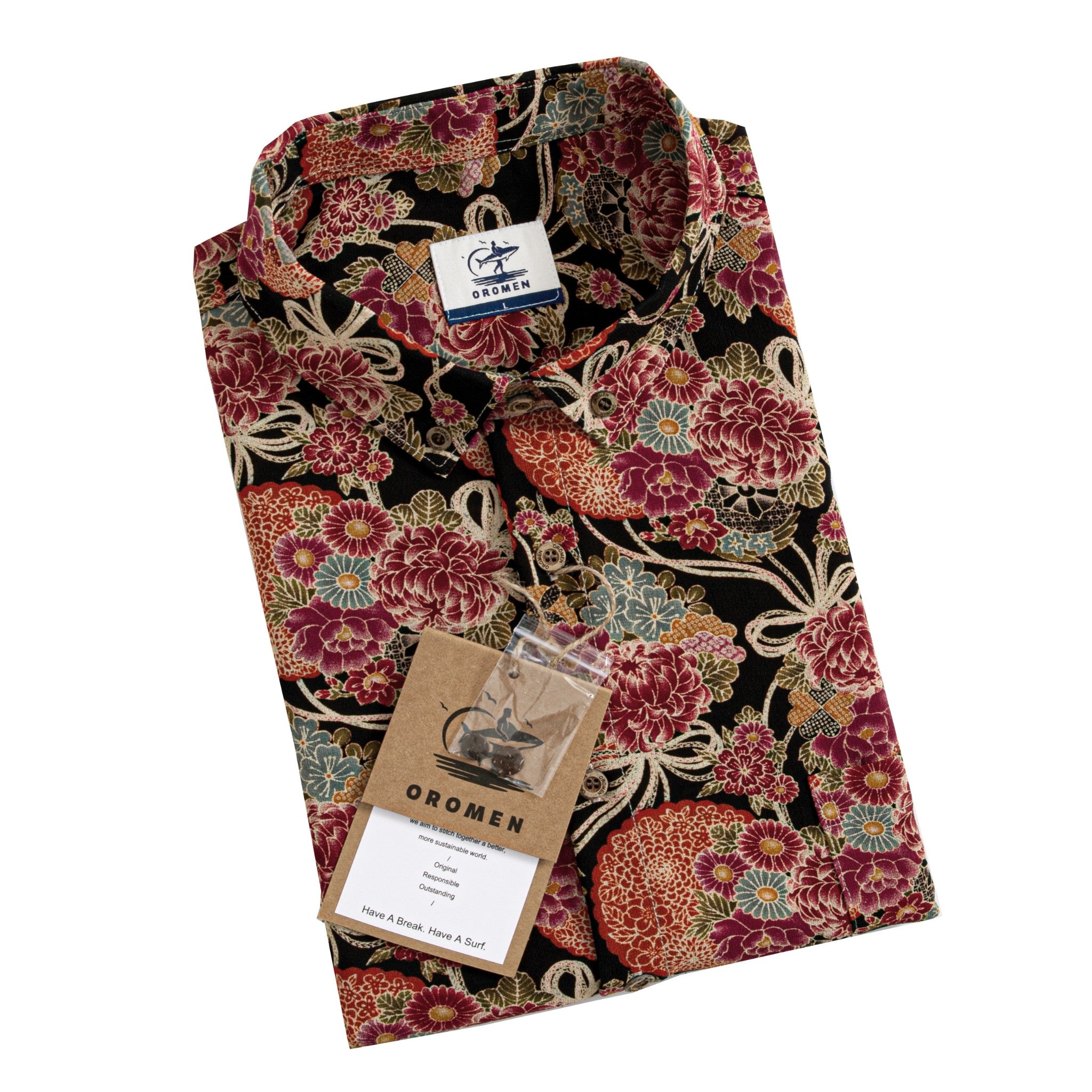 Close-up detail of chrysanthemum and peony hand-painted print on black cotton