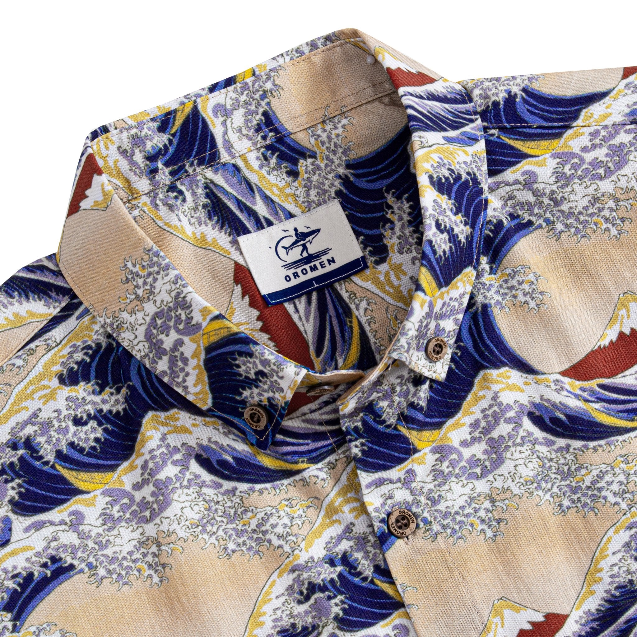 Close-up of Hokusai's Great Wave off Kanagawa print with deep blue waves and white crests