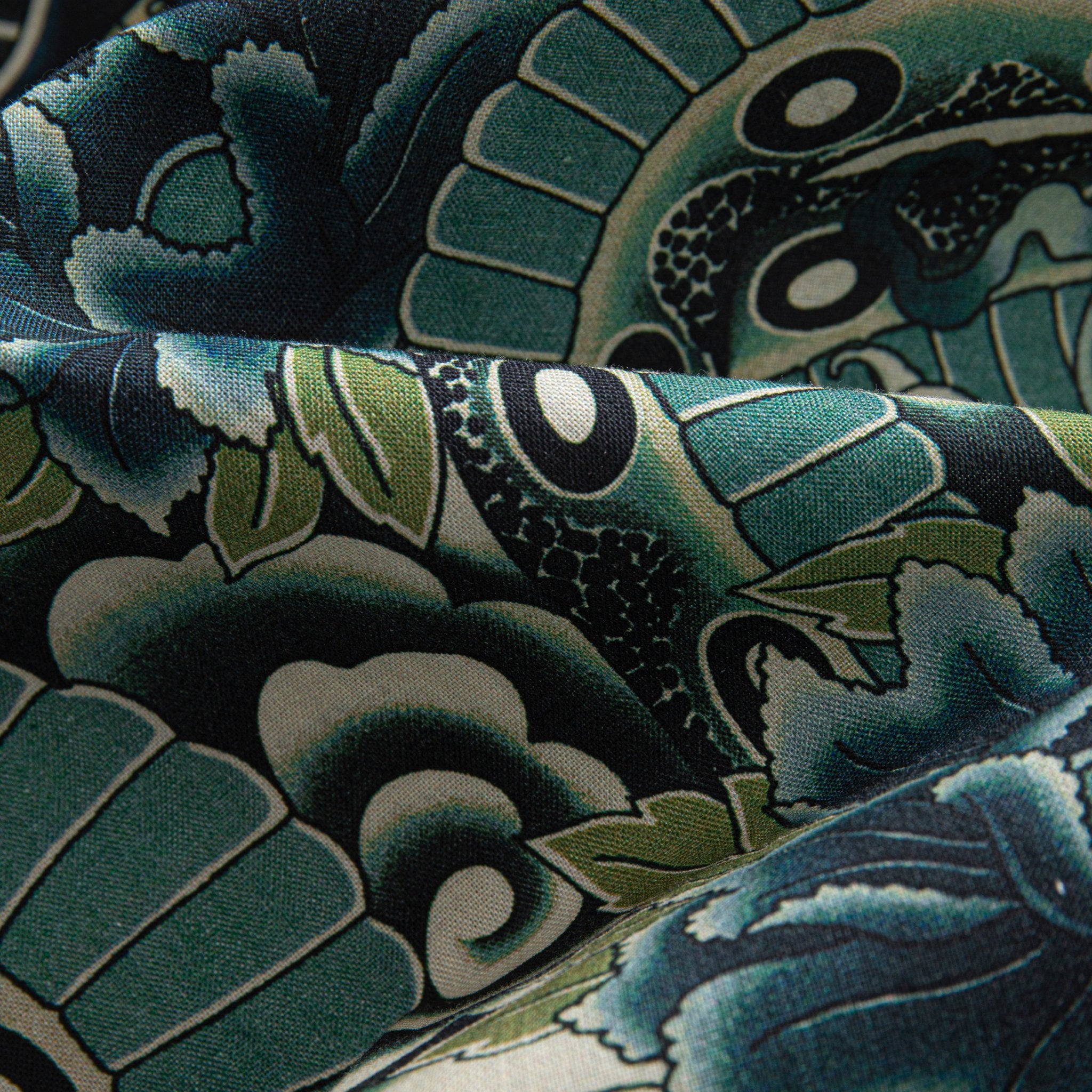 Close-up of Mysterious Geisha and Peony Print on Cotton Shirt