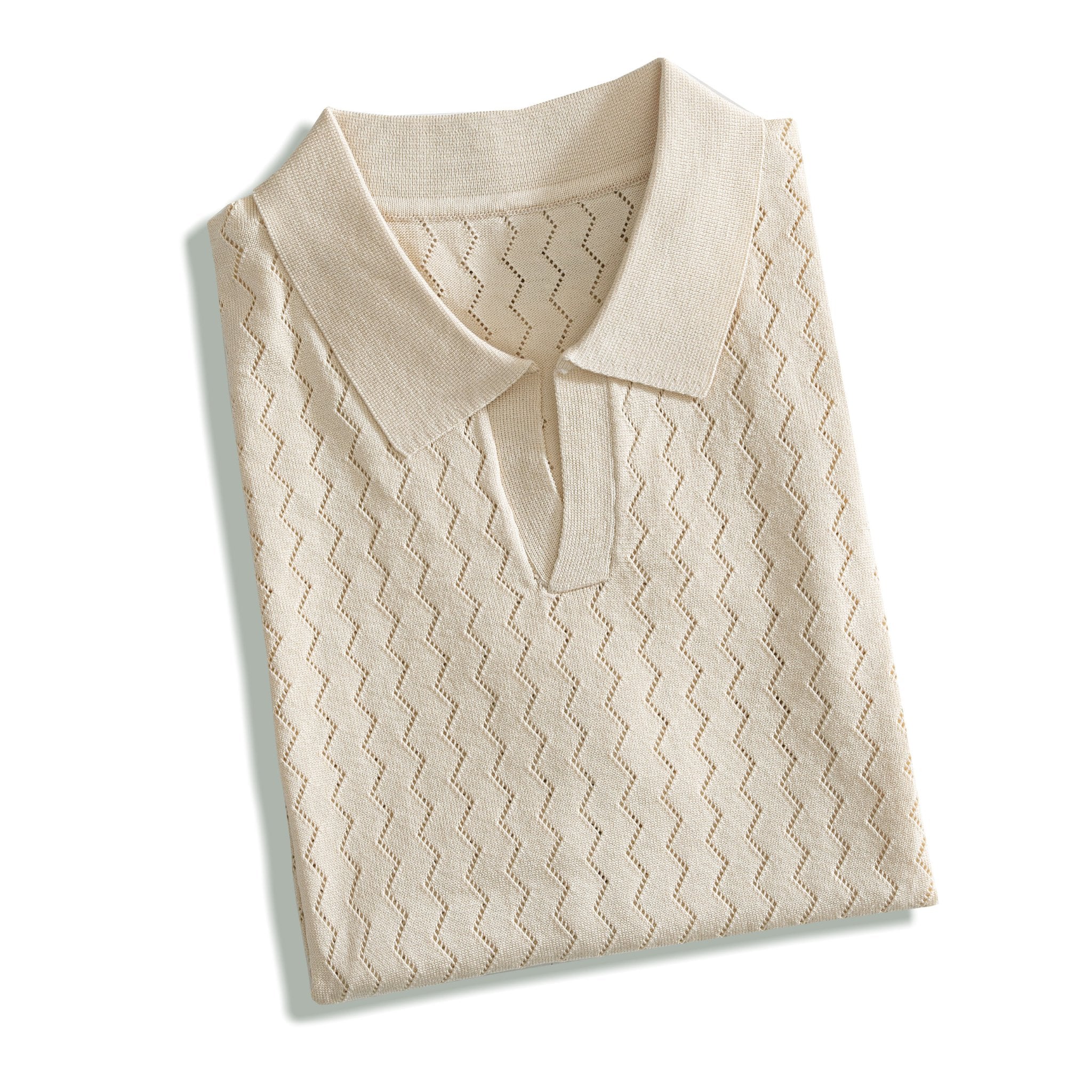 Close-up of Zigzag Hollow Knit Texture – OROMEN Polo Shirt