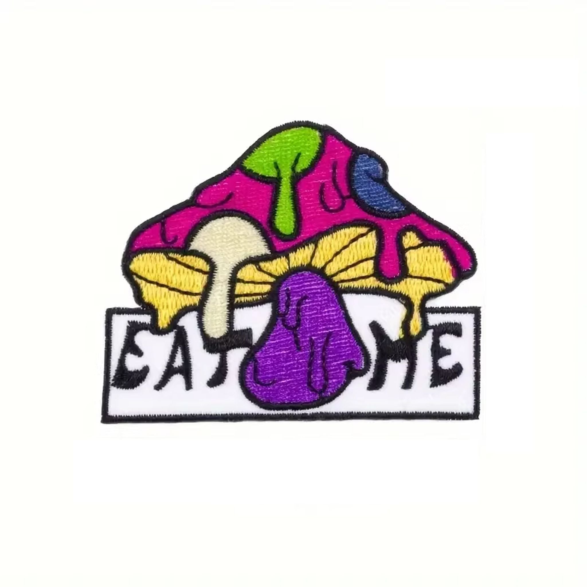 Close-up of "Eat Me" Psychedelic Mushroom Embroidery Pattern Detail on OROMEN T-Shirt