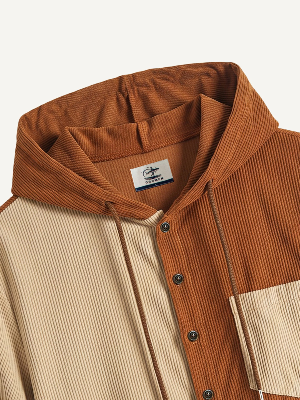Close-up of attached drawstring hood and collar on OROMEN Canyon Corduroy Hooded Shirt