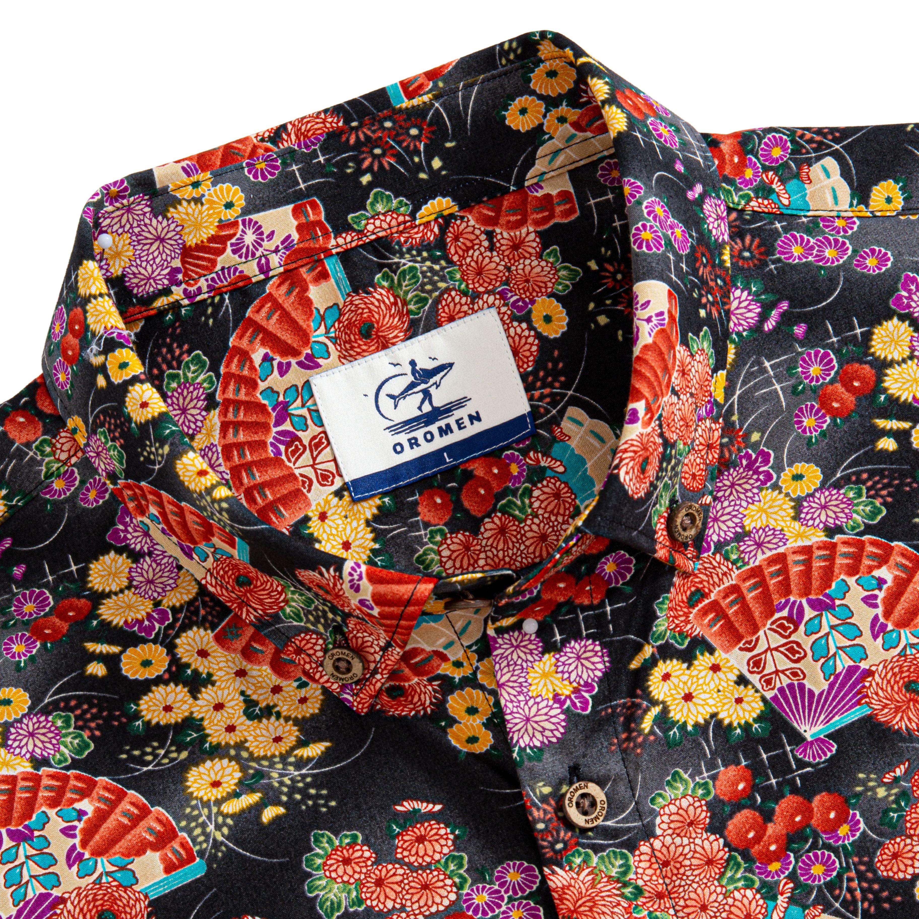 Close-up of cherry blossom ukiyo-e print detail on cotton shirt