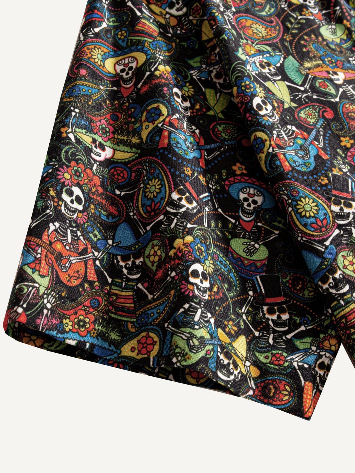 Close-up of clean double-stitched short sleeve cuff on Sugar Skulls shirt