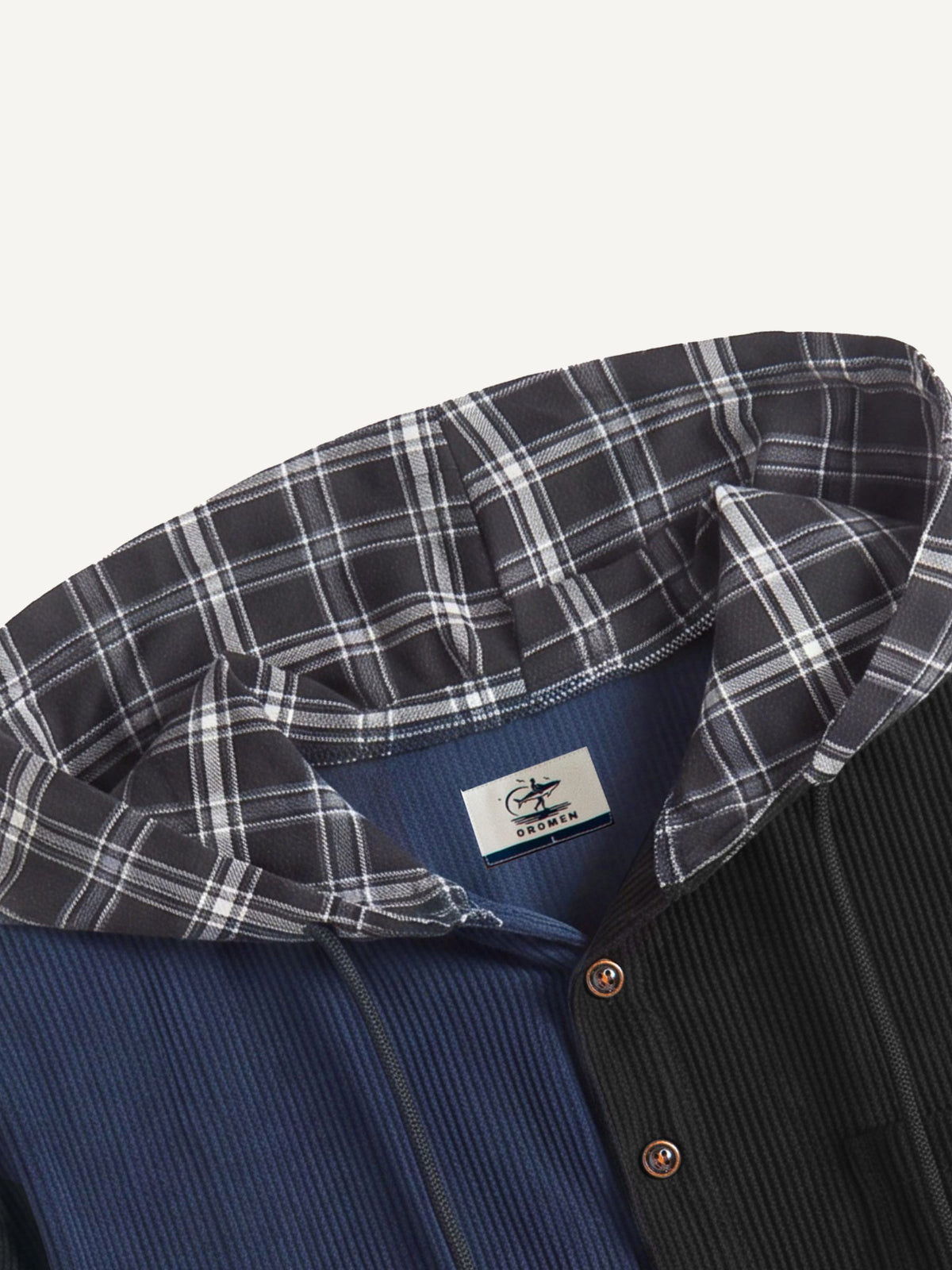 Close-up of contrast plaid flannel hood and drawcords on OROMEN Lodge Corduroy Hooded Shirt