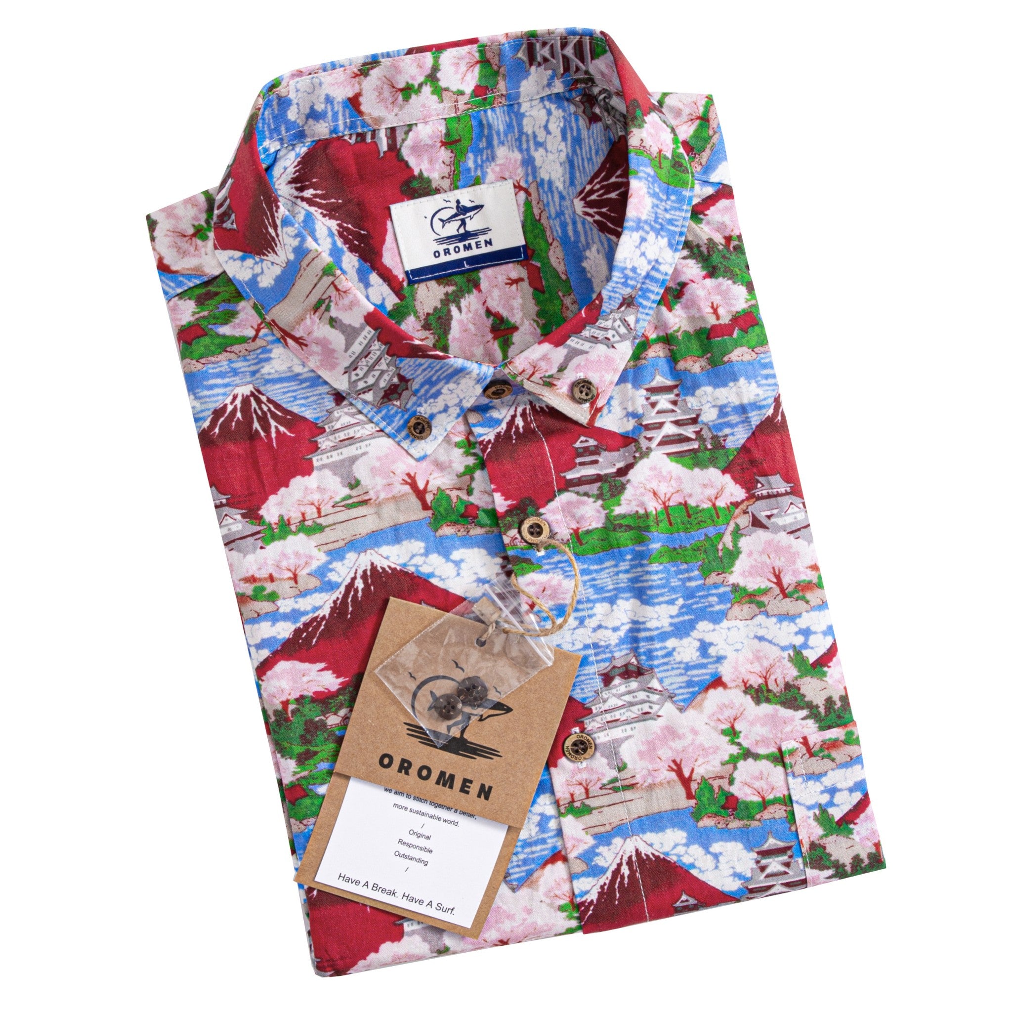 Close-up of hand-painted Ukiyo-e print with Mount Fuji and Sakura details on cotton shirt