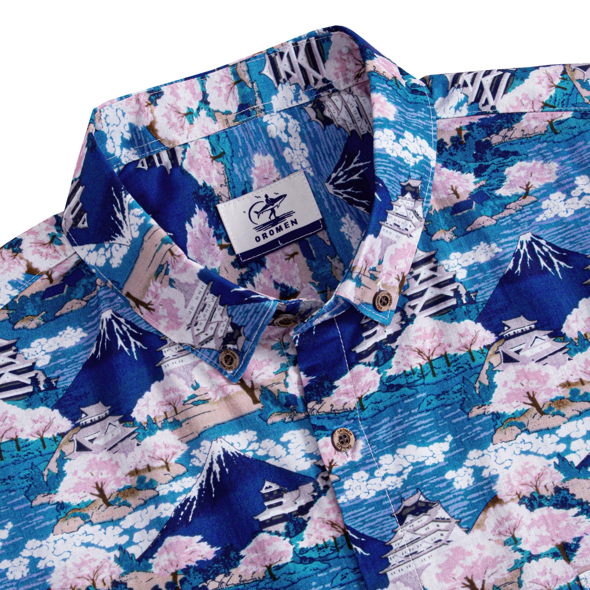 Close-up of hand-painted blue Mount Fuji and waterways on cotton aloha shirt